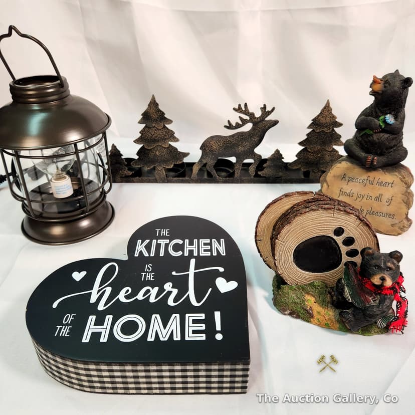 Cabin Decor Lot โ Lantern, Bear Figurine, Bear with Coasters & More
