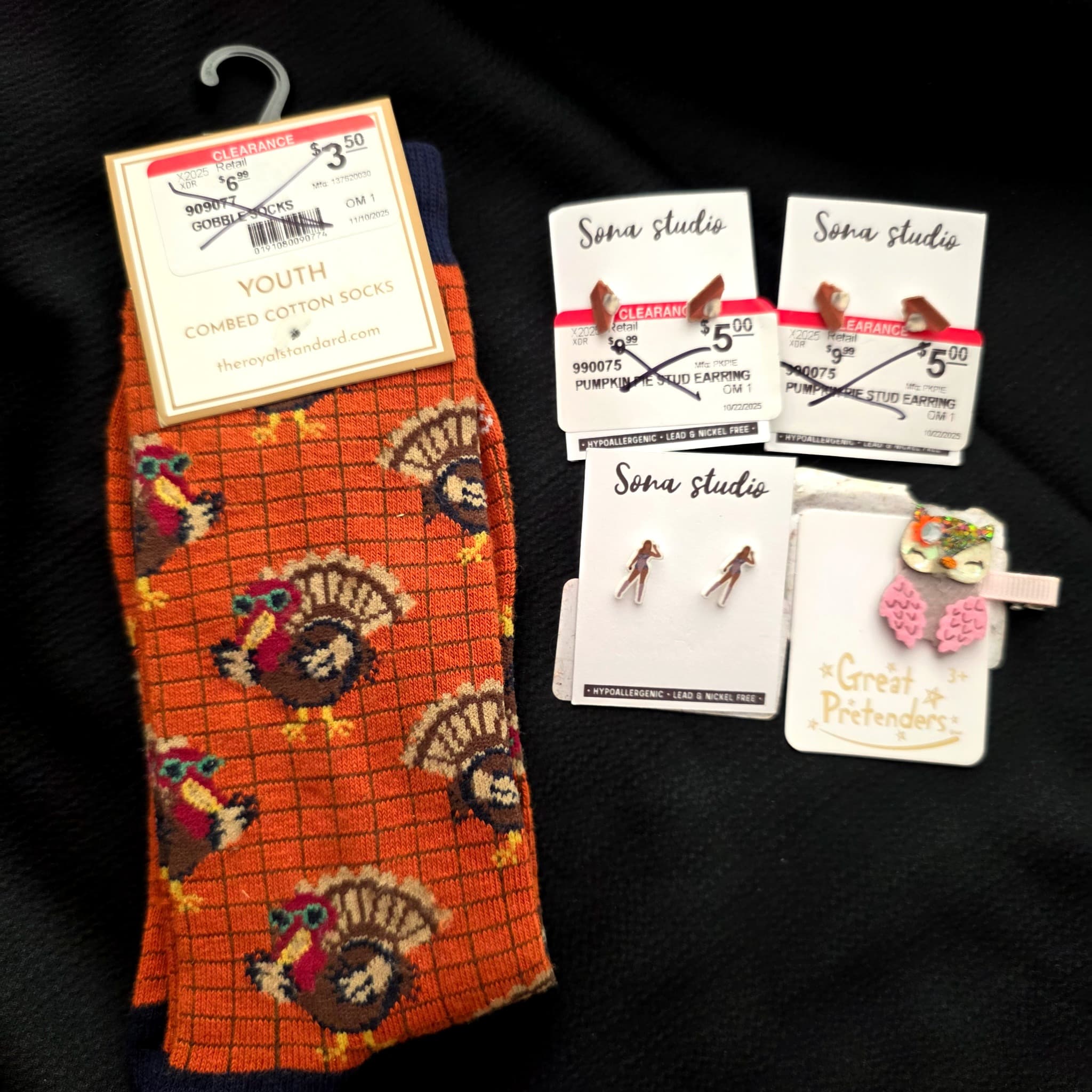 Thanksgiving Kids Accessories Lot — Socks, Earrings, Hair Clip