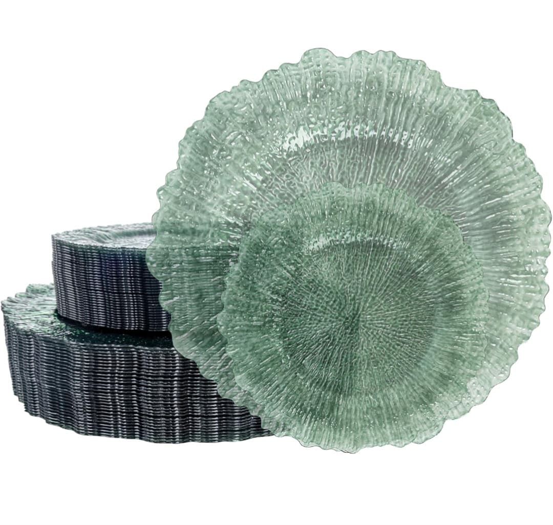 60pc Clear Green Plastic Plate Set (Dinner & Appetizer Plates)