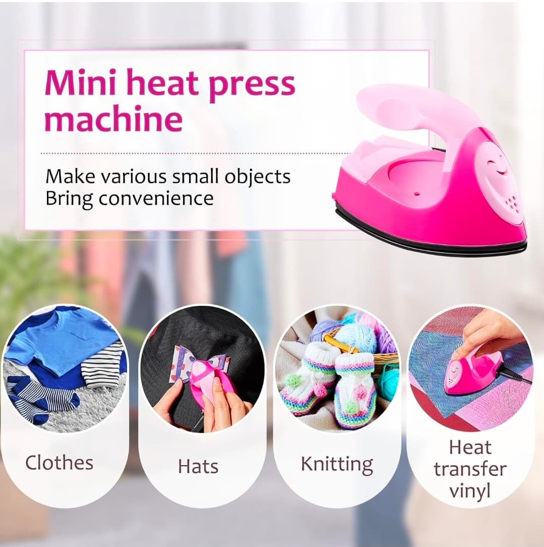 Mini Craft Iron Mini Heat Press Small Iron 3.93 x 2.36 x 2.76 in Portable Handy Tiny Flatiron with Charging Base Accessory for Fuse Bead Patch DIY Heat Transfer Vinyl(Pink, Light Pink)