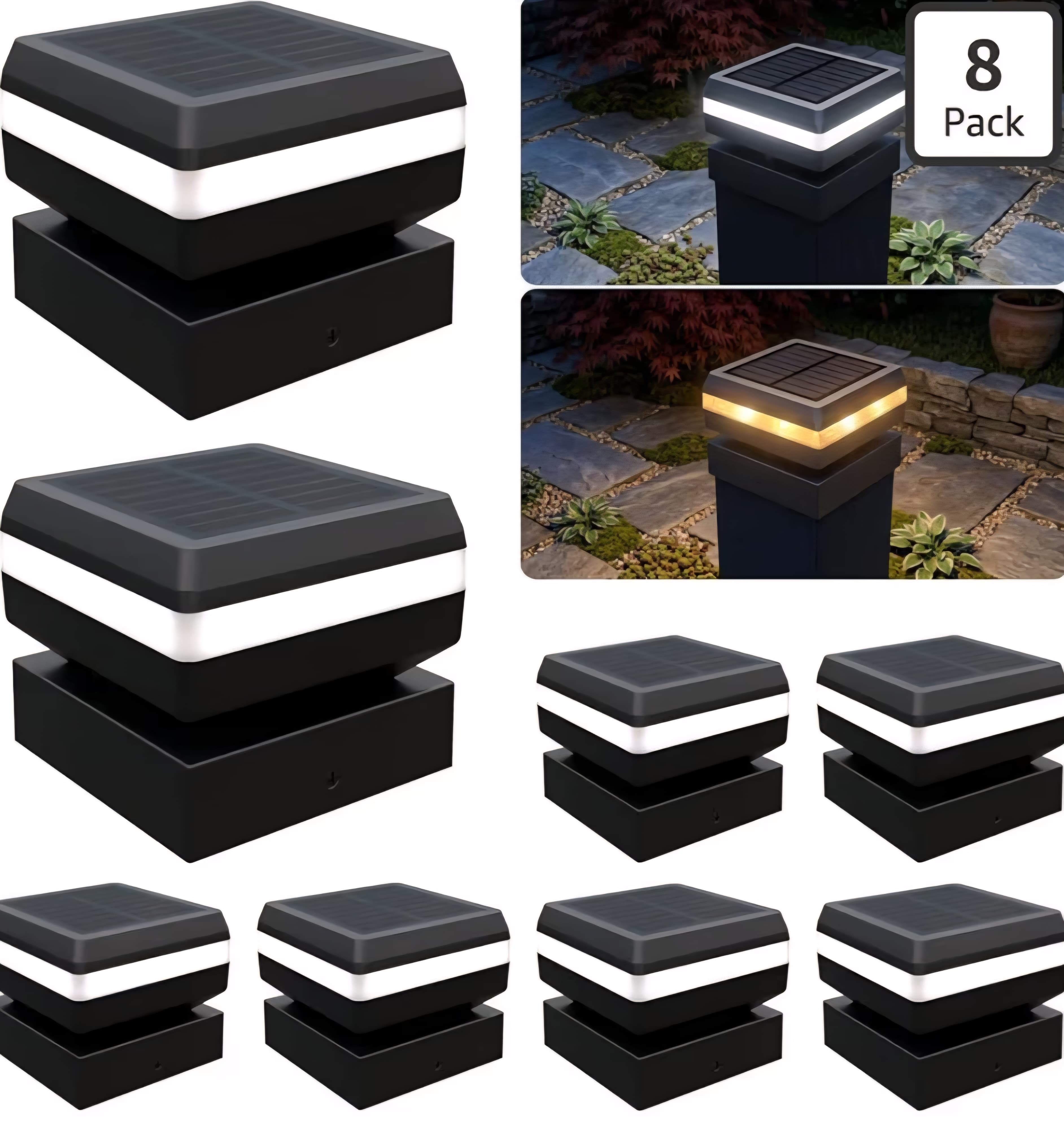8 Pack Solar Light Post Caps - IP65 Waterproof (Fits 2",2.5",3")