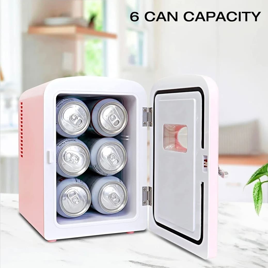 Mini Fridge - Refrigerator for Bedroom, Office, Portable Table Top Beverage Cooler, 12V 110V Refrigerador for Drinks, Soda, Wine, Use in Car, Dorm, Outdoor, Patio, 6 Can