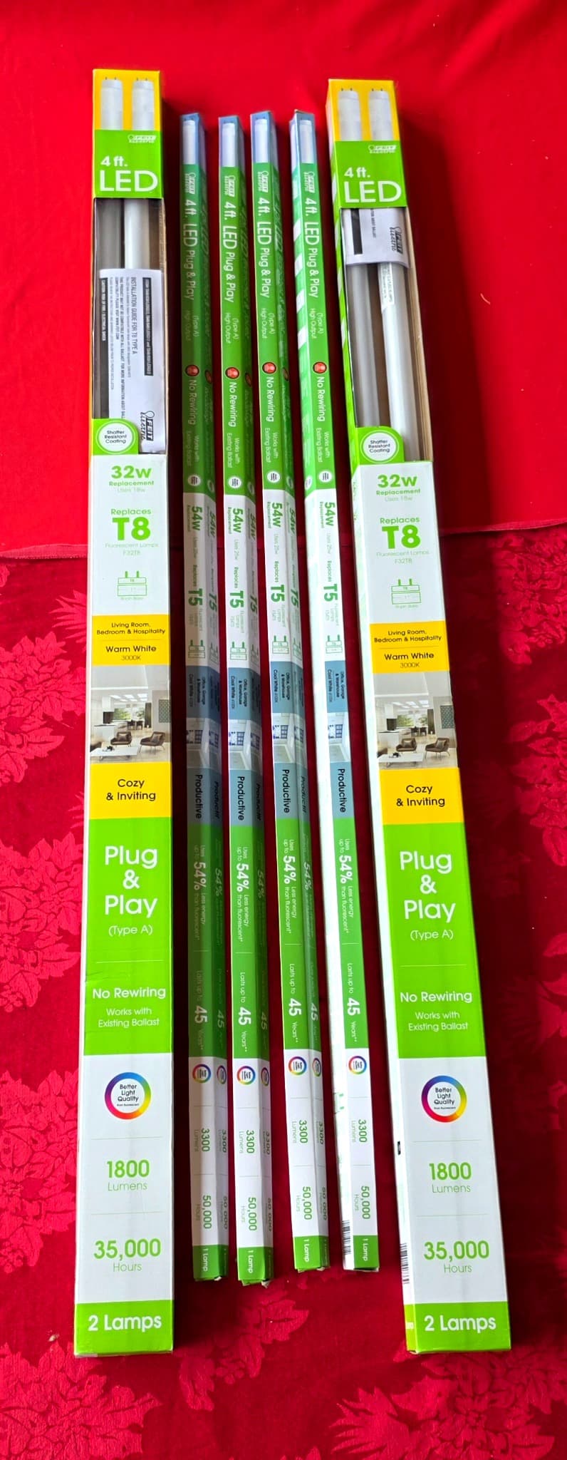 Feit Electric 4 ft. LED T8 & T5 Plug & Play Bulbs, Mixed Lot