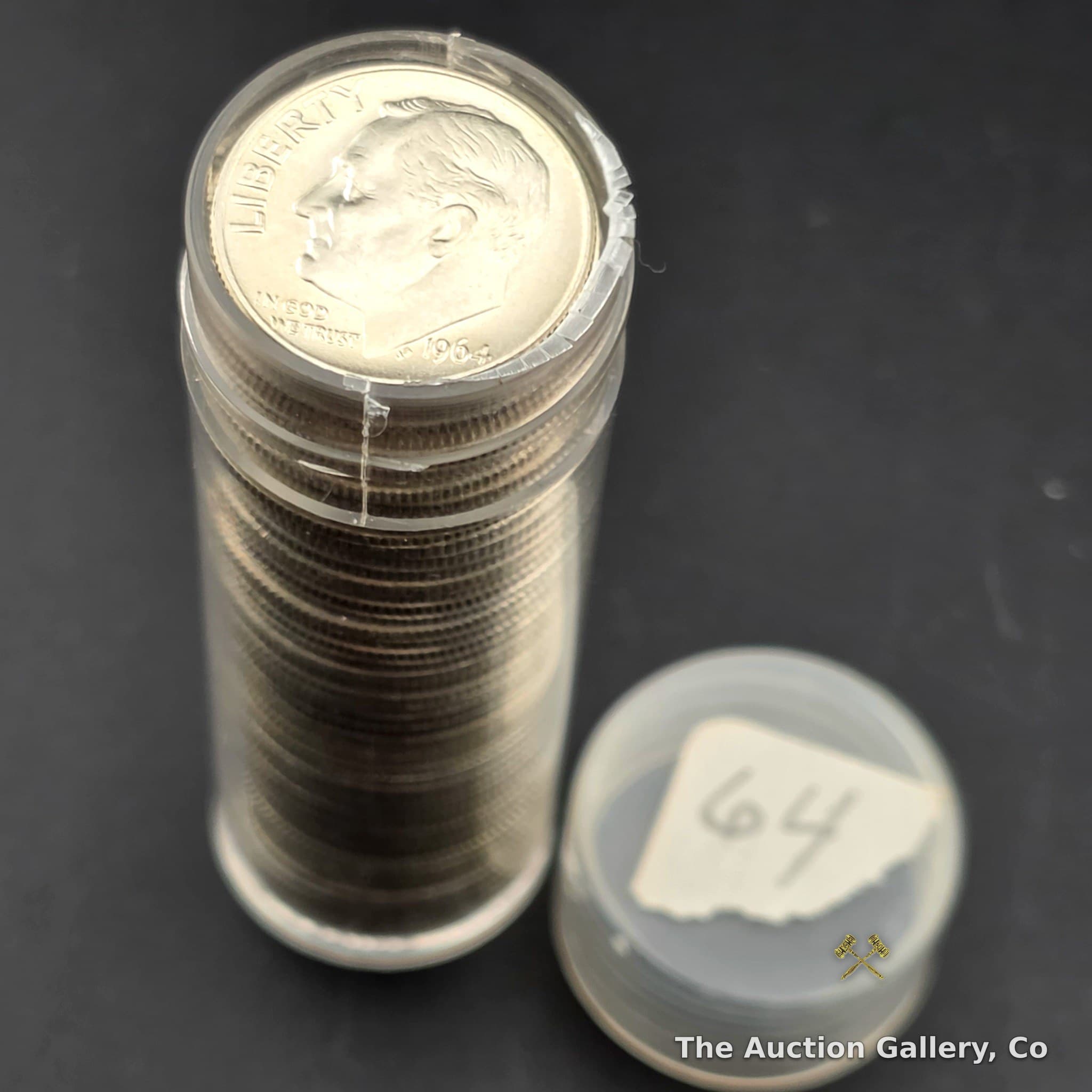 1964 Roosevelt Dime Full Roll, 50 Coins, 90% Silver, Uncirculated