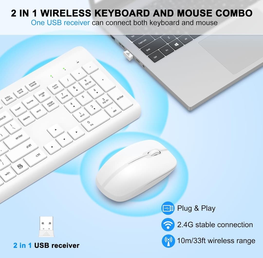Wireless Keyboard and Mouse Combo, Full Size Silent Ergonomic