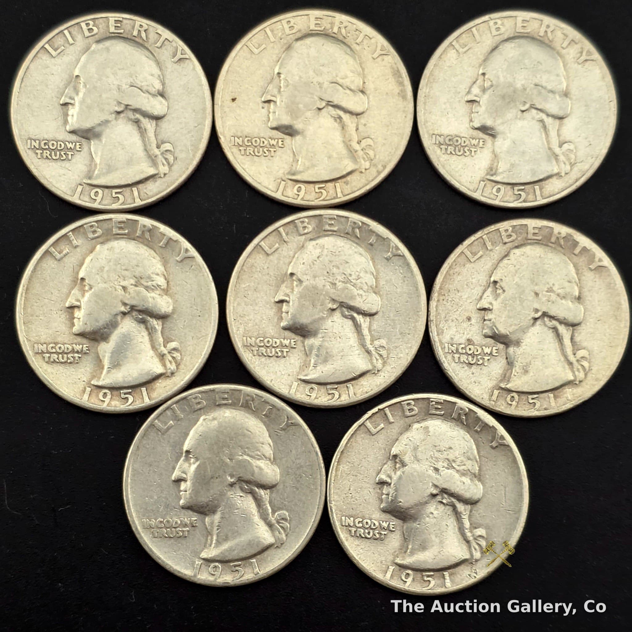 1951-D Washington Silver Quarters, Lot of 8, 90% Silver