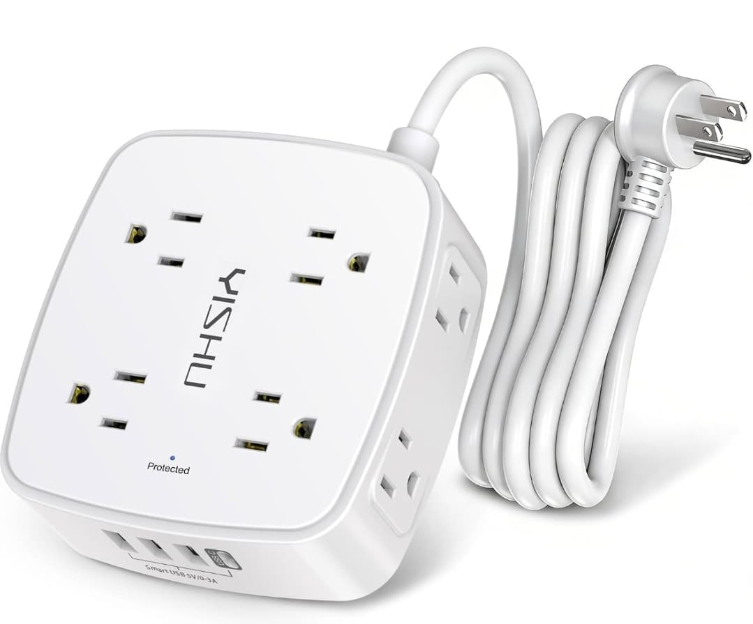 6 Ft Surge Protector Power Strip - 8 Widely Outlets with 4 USB Ports, 3 Side Outlet Extender with 6 Feet Extension Cord, Flat Plug, Wall Mount, Desk USB Charging Station, ETL,White