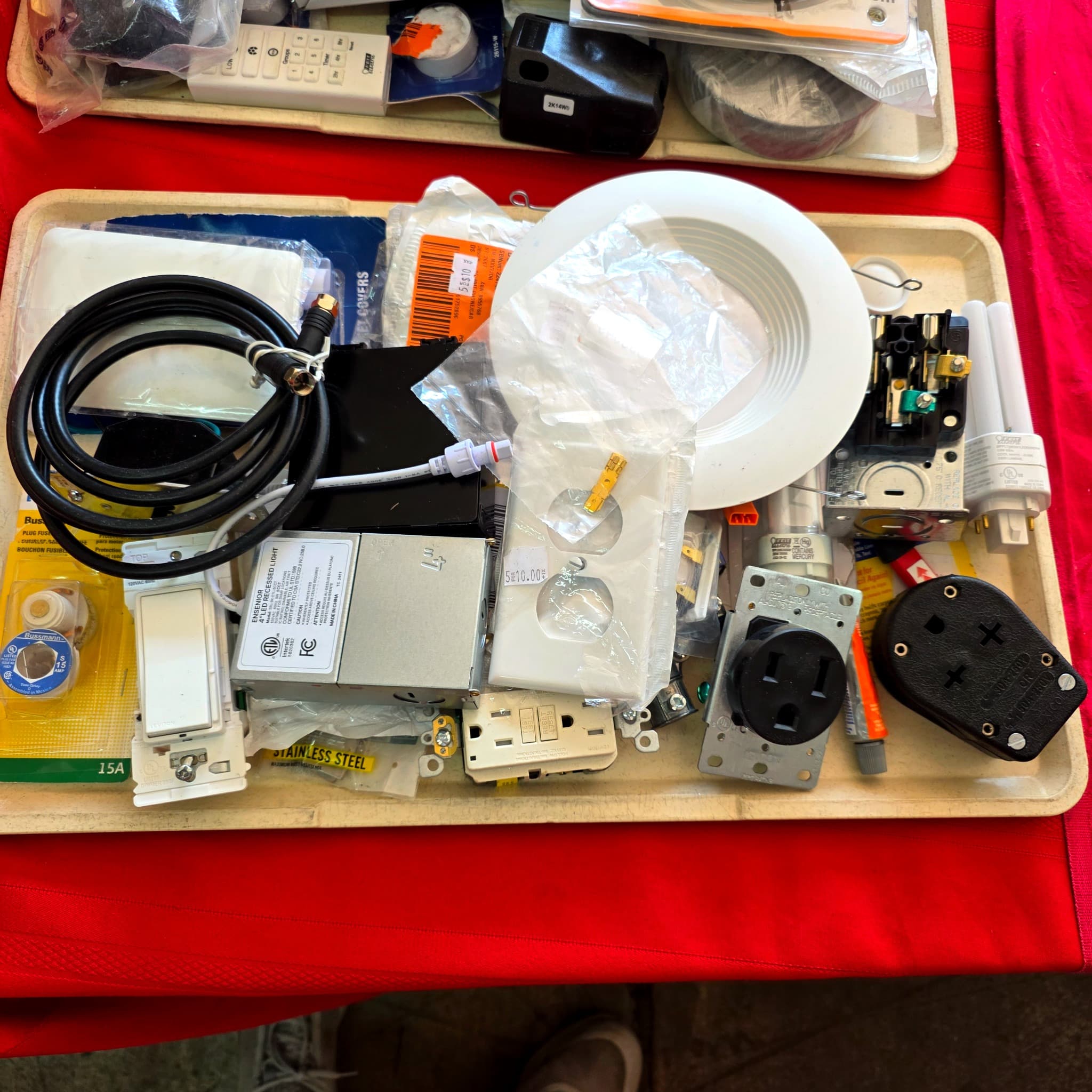 Tray Lot: Electrical Hardware, Outlets, Cables & Fixtures