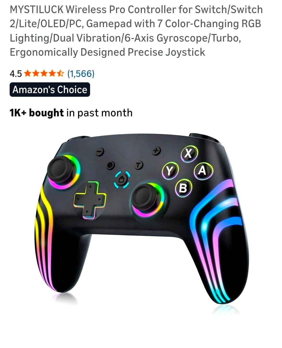 Mystiluck Wireless Pro Controller for Nintendo Switch, RGB, New