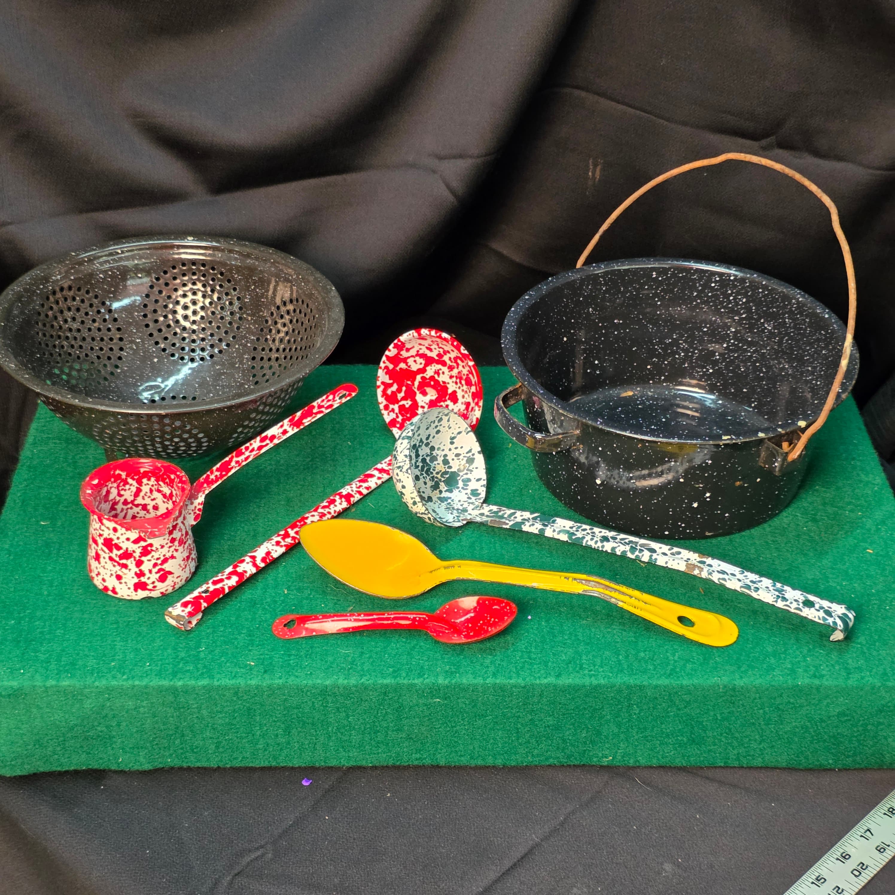 Vintage Enamelware Lot of 7 โ Pot, Colander, Ladles, Spoons