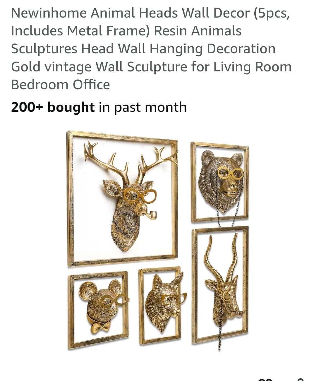 Newinhome Gold Resin Animal Head Wall Decor, Set of 5