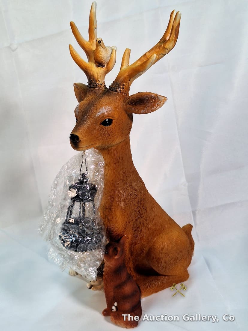 Resin Deer with Lantern & Woodland Friends Figurine, New