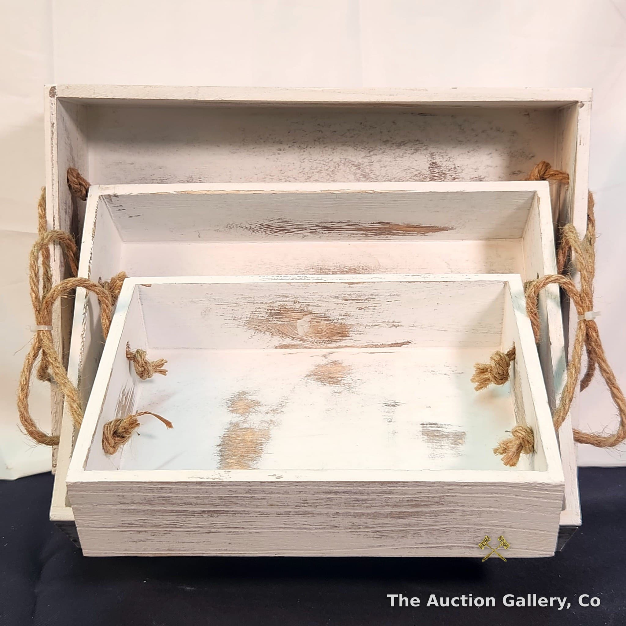 Whitewashed Wood Nesting Trays with Rope Handles, Set of 3