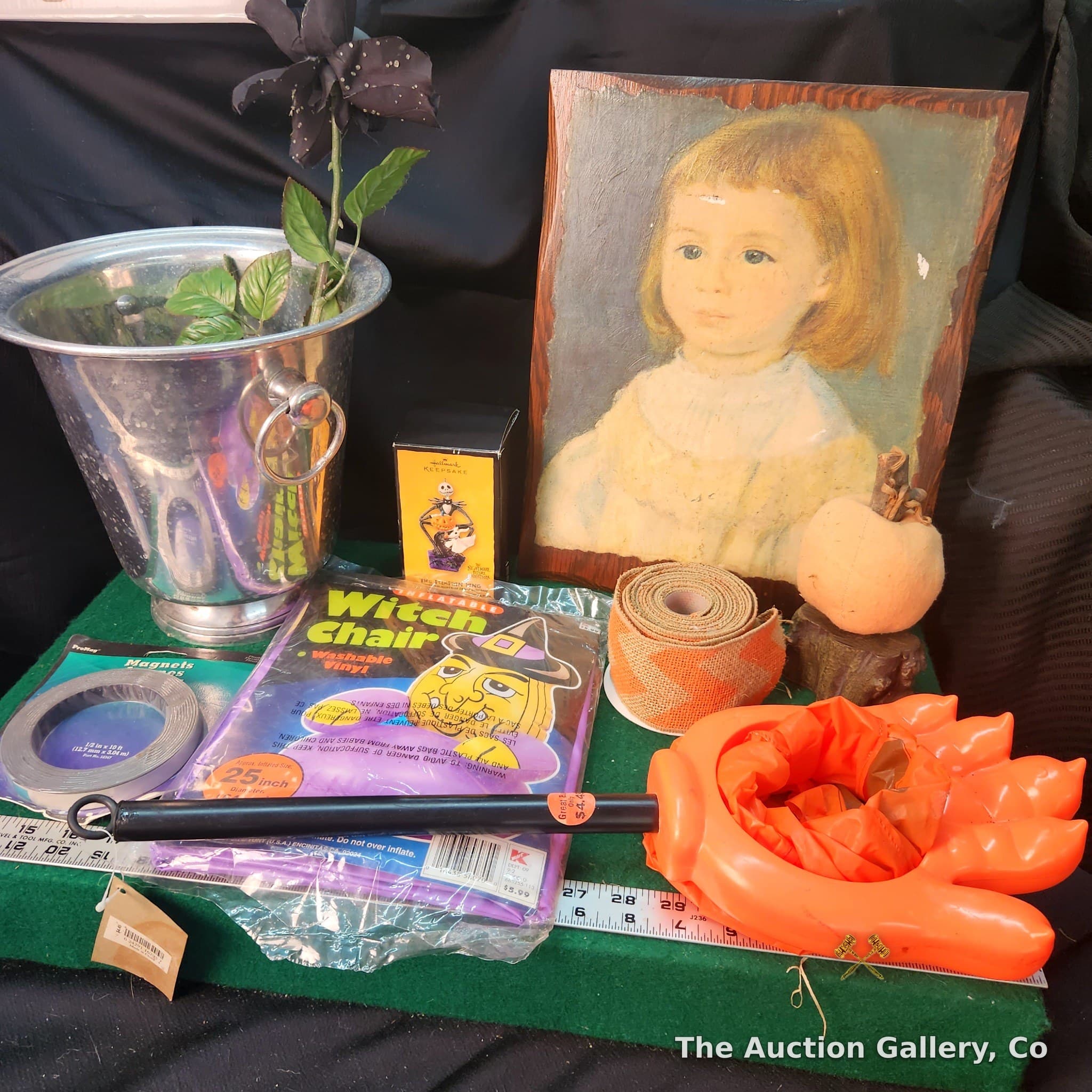 Halloween Mixed Lot โ Portrait Painting, Hallmark Ornament, Witch Chair & More