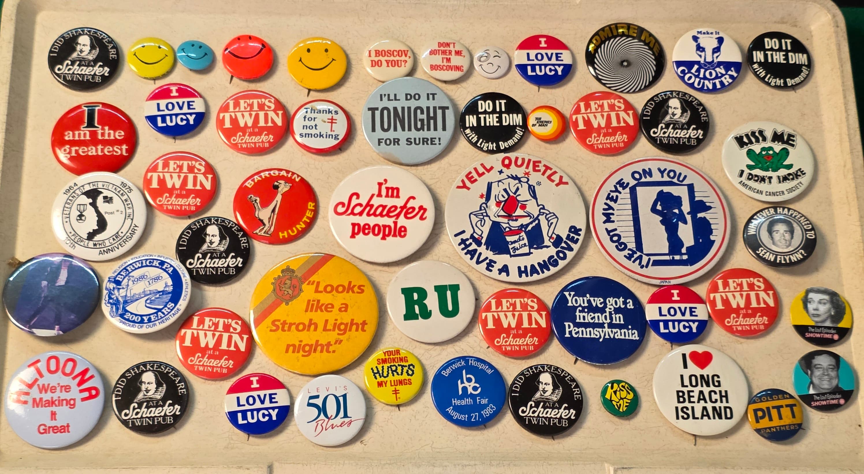 Vintage Pinback Button Lot โ Schaefer Twin Pub, I Love Lucy, PA Towns & More