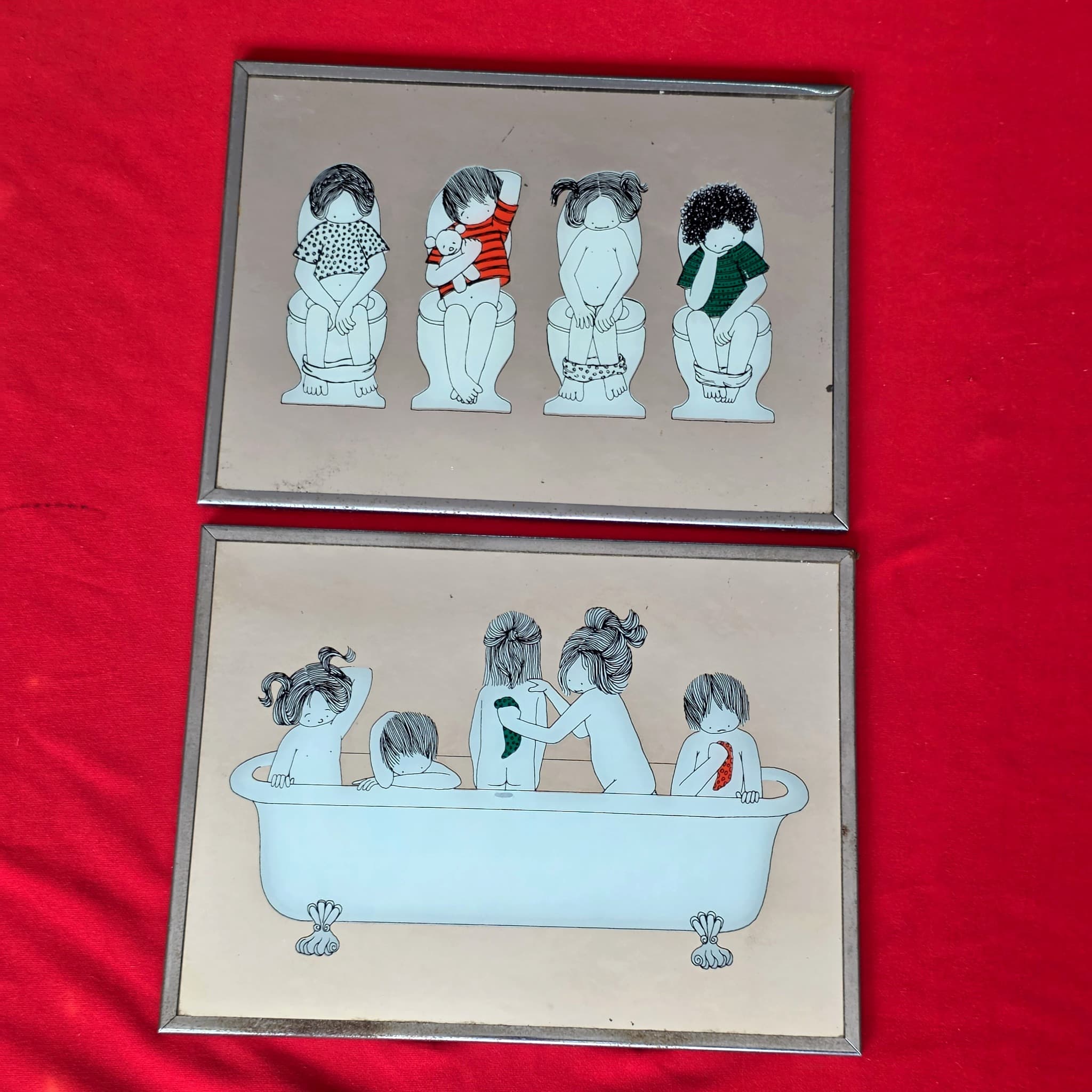 Vintage Chrome Framed Bathroom Mirror Prints, Set of 2