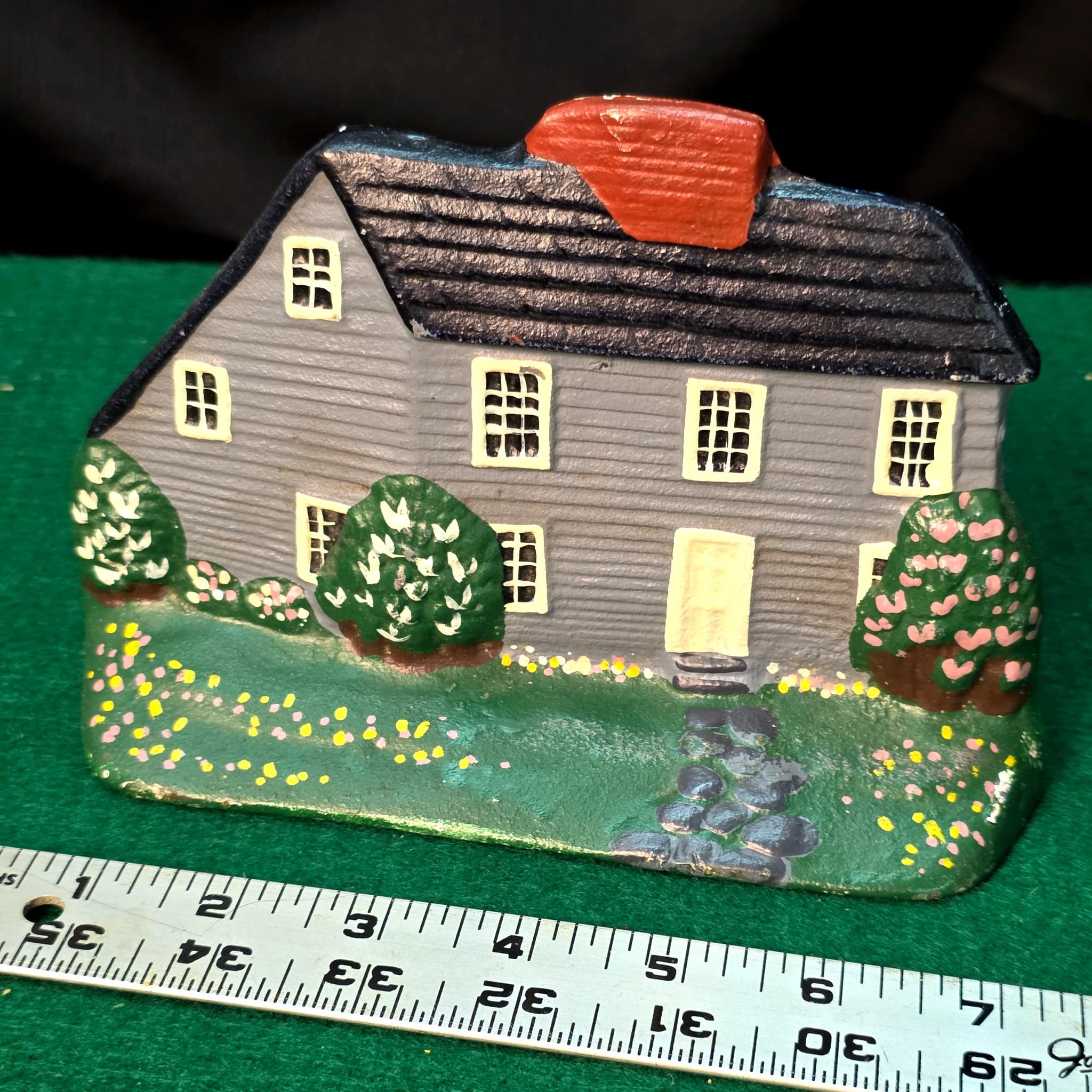 Vintage Cast Iron Colonial House Bookend, Hand Painted