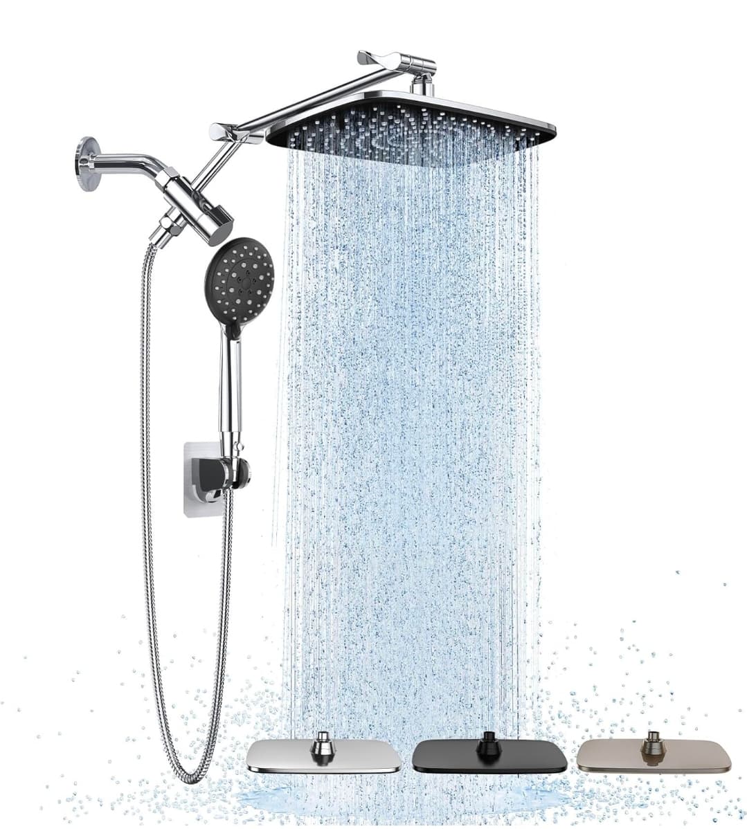 Veken Wide High Pressure Rain Shower Head with Handheld, Handheld Shower Heads with Multi Spray Modes, Rainfall Combo with 15" Metal Extension Arm,Detachable Dual Shower, Bathroom Decor,Chrome Silver