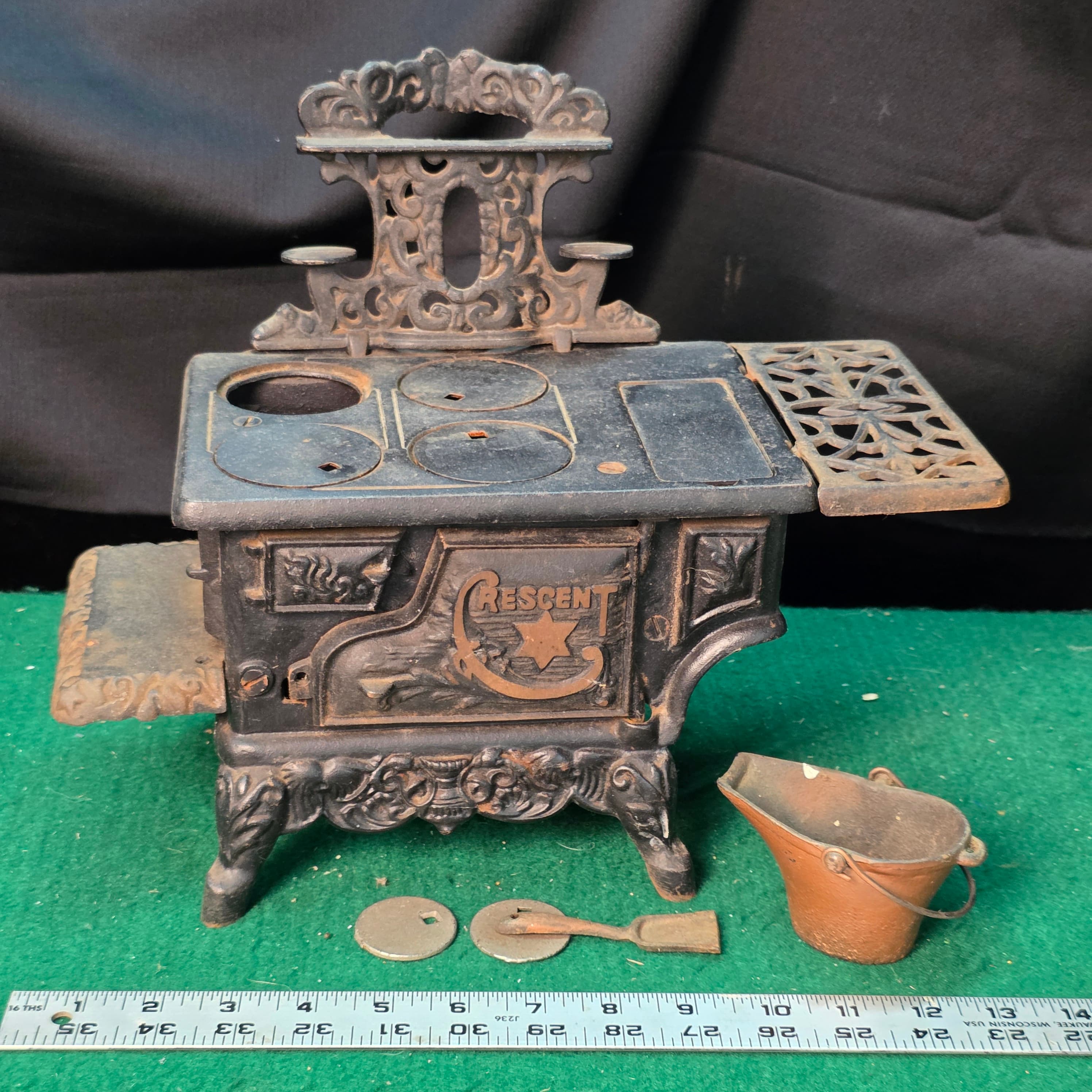 Vintage Mid-Century "Crescent" Miniature Cast Iron Toy Cook Stove - Incomplete Set