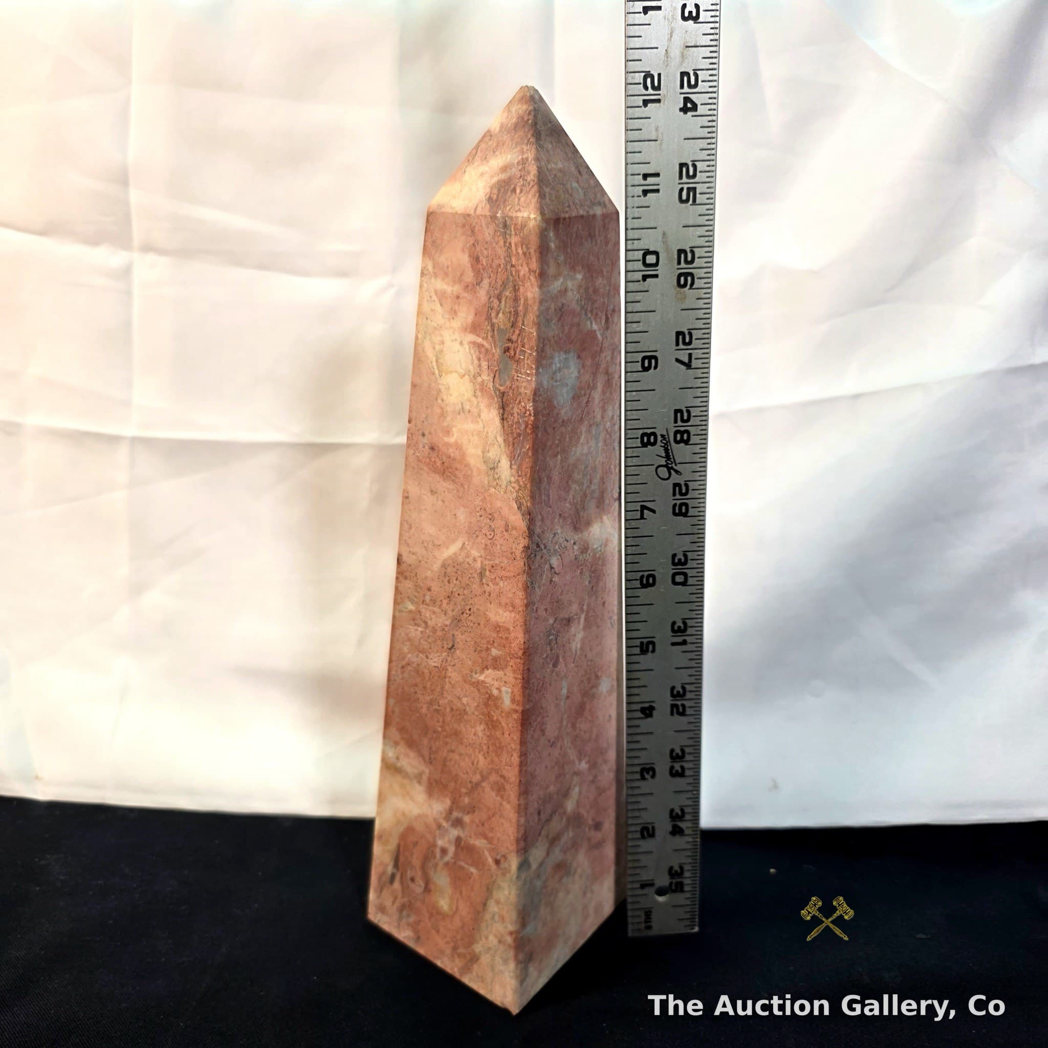 Marble Obelisk Tower, Pink/Red Variegated Stone, ~12"