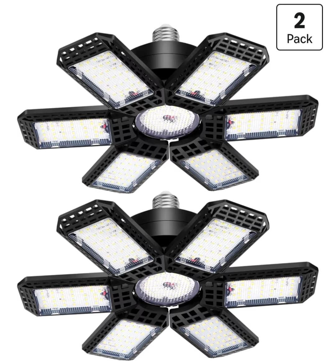2 Pack Garage Lights 200W 20000LM 6500K LED with 6+1 Deformable Panels, Screw in E26/E27 Socket Bulb