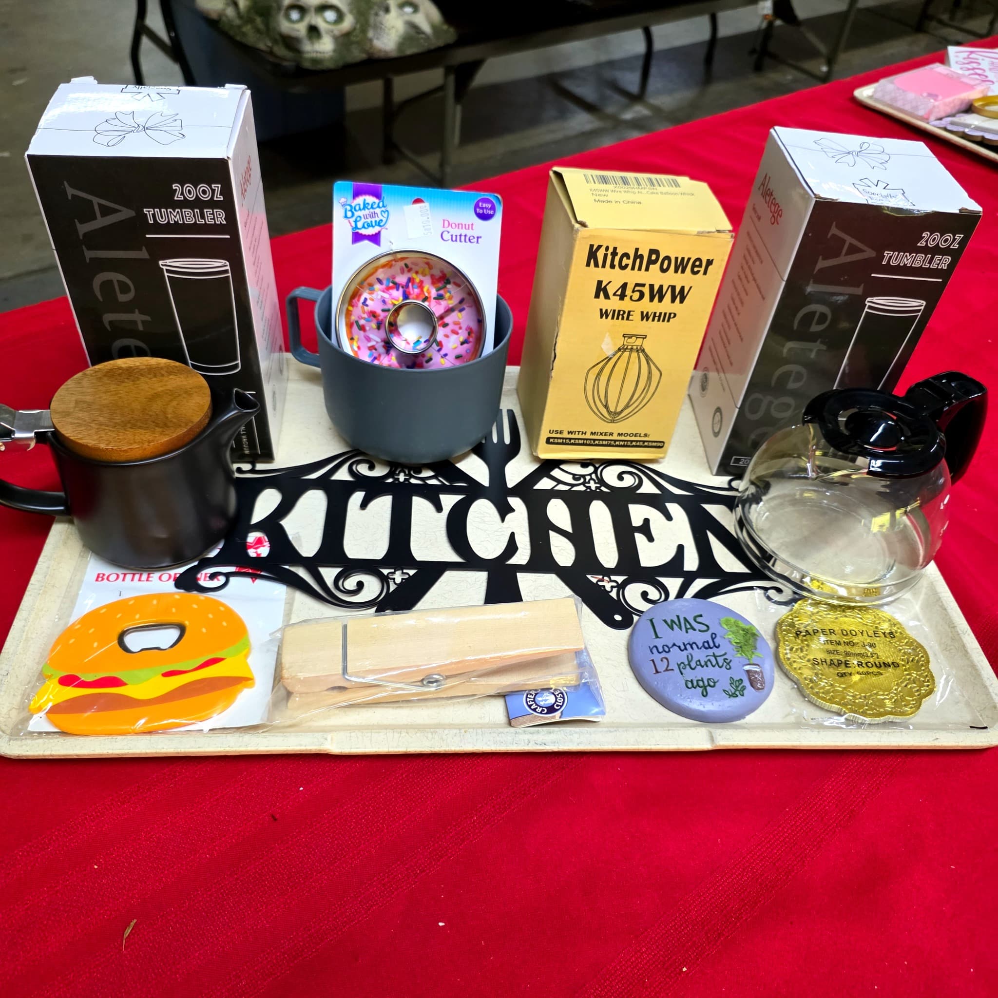 Kitchen Gadgets & Decor Lot β Tumblers, Whisk, Donut Cutter