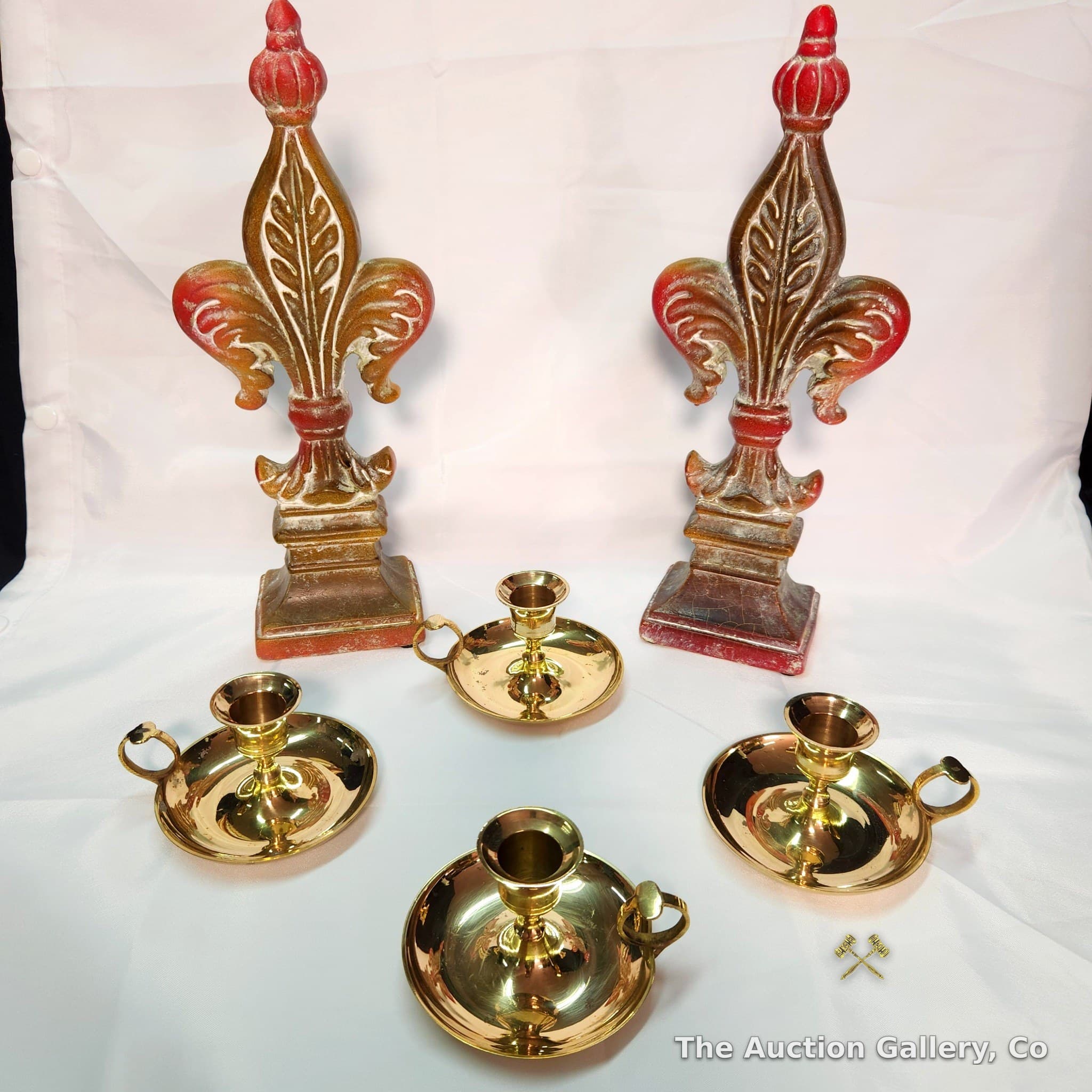 Brass Chamber Candlesticks Set of 4 with Fleur-de-Lis Finials, Pair