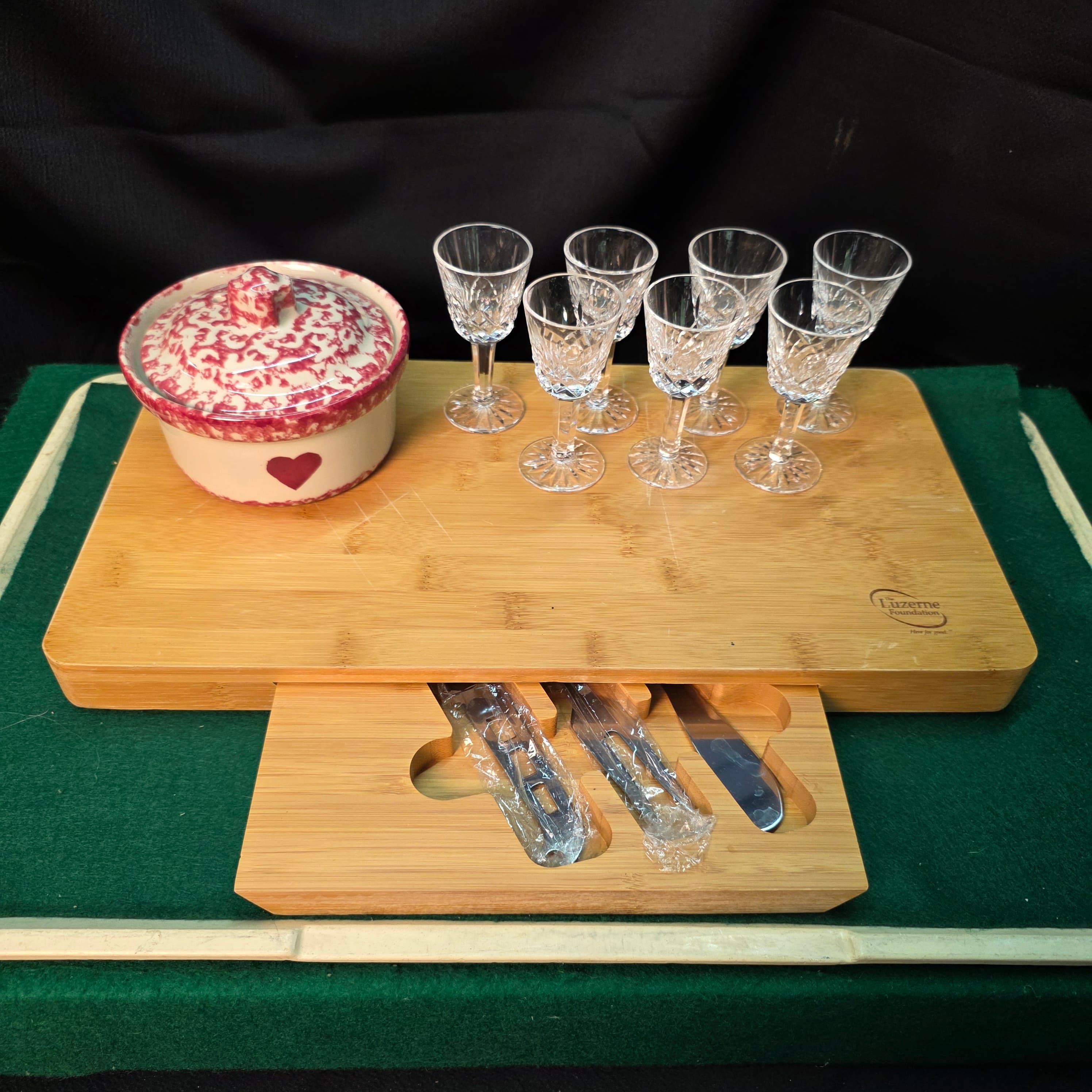 Bamboo Cheese Board, Cut-Glass Cordials, Spongeware Crock โ Entertaining Lot
