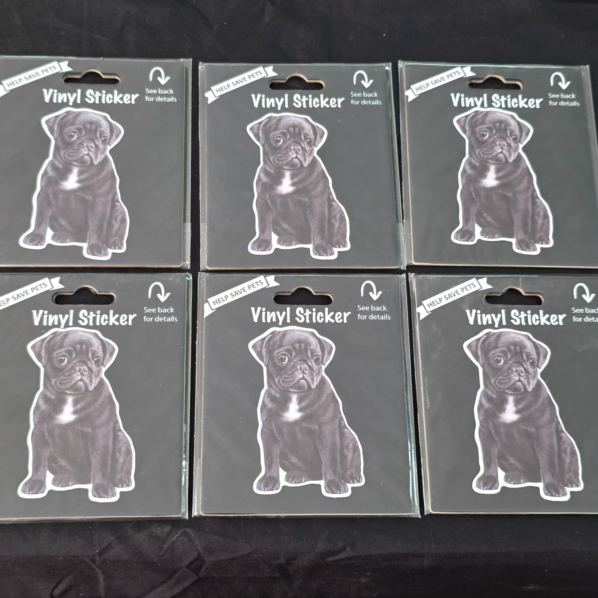 Set of 6 Black Pug Vinyl Stickers, Brand New