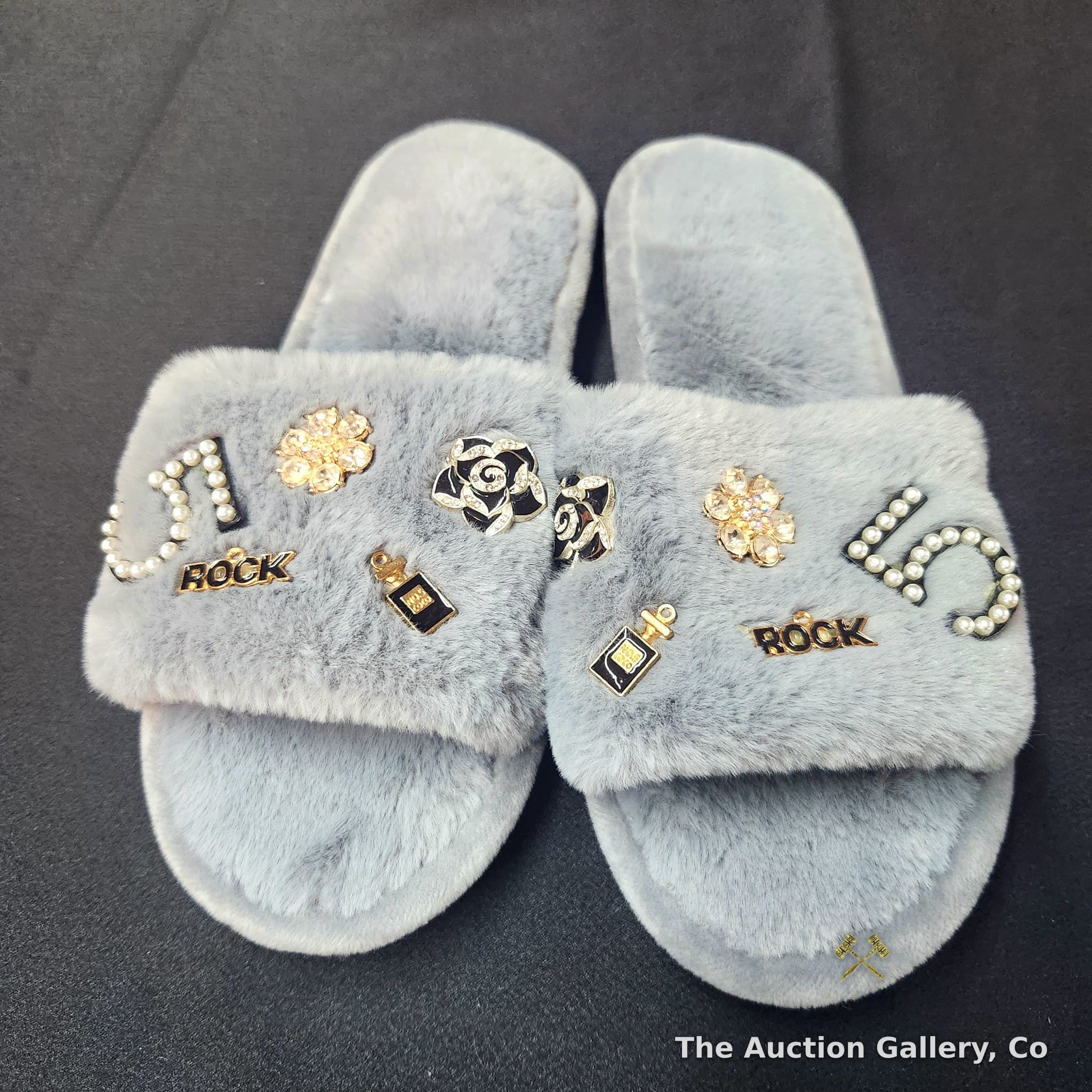Embellished Fluffy Slide Slippers, Size 38/39