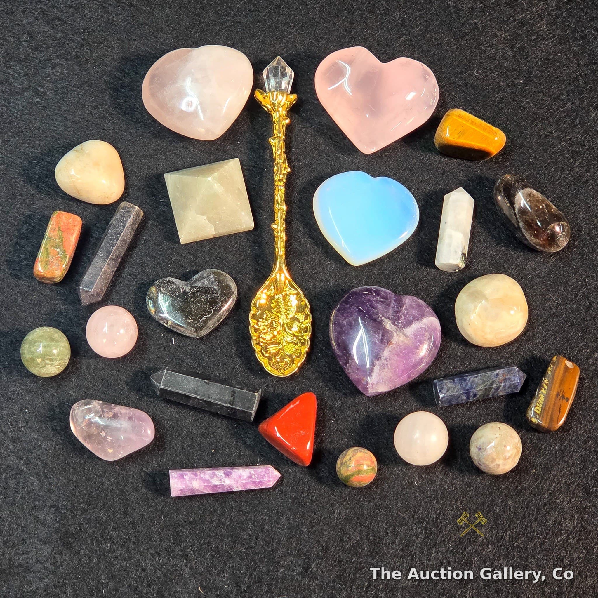 Mixed Crystal & Gemstone Lot, 25 Pieces with Decorative Spoon