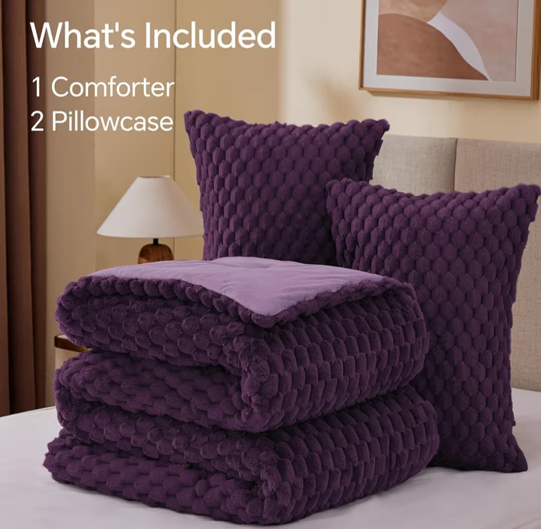 Fluffy Plush Comforter Set - King (Purple)