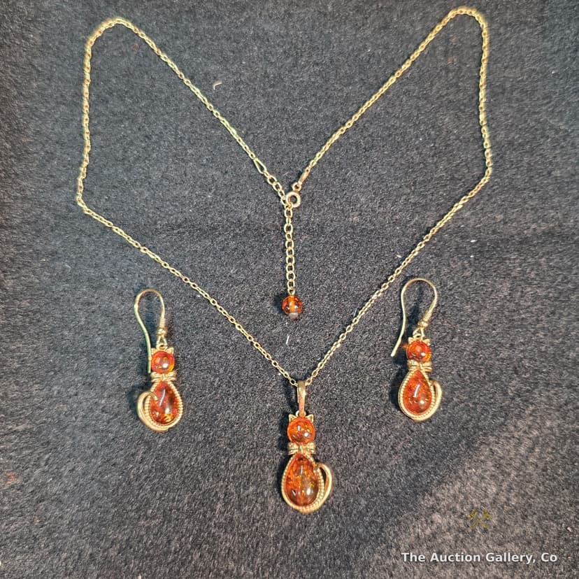 Amber-Style Cat Jewelry Set, .925 Silver, Necklace & Earrings β photo 2