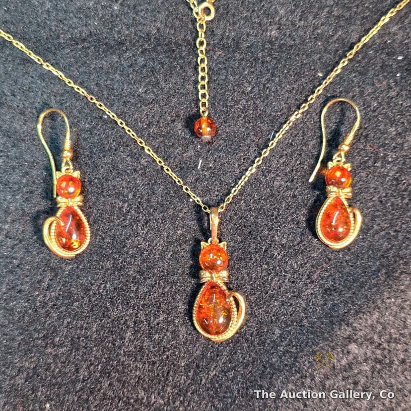 Amber-Style Cat Jewelry Set, .925 Silver, Necklace & Earrings