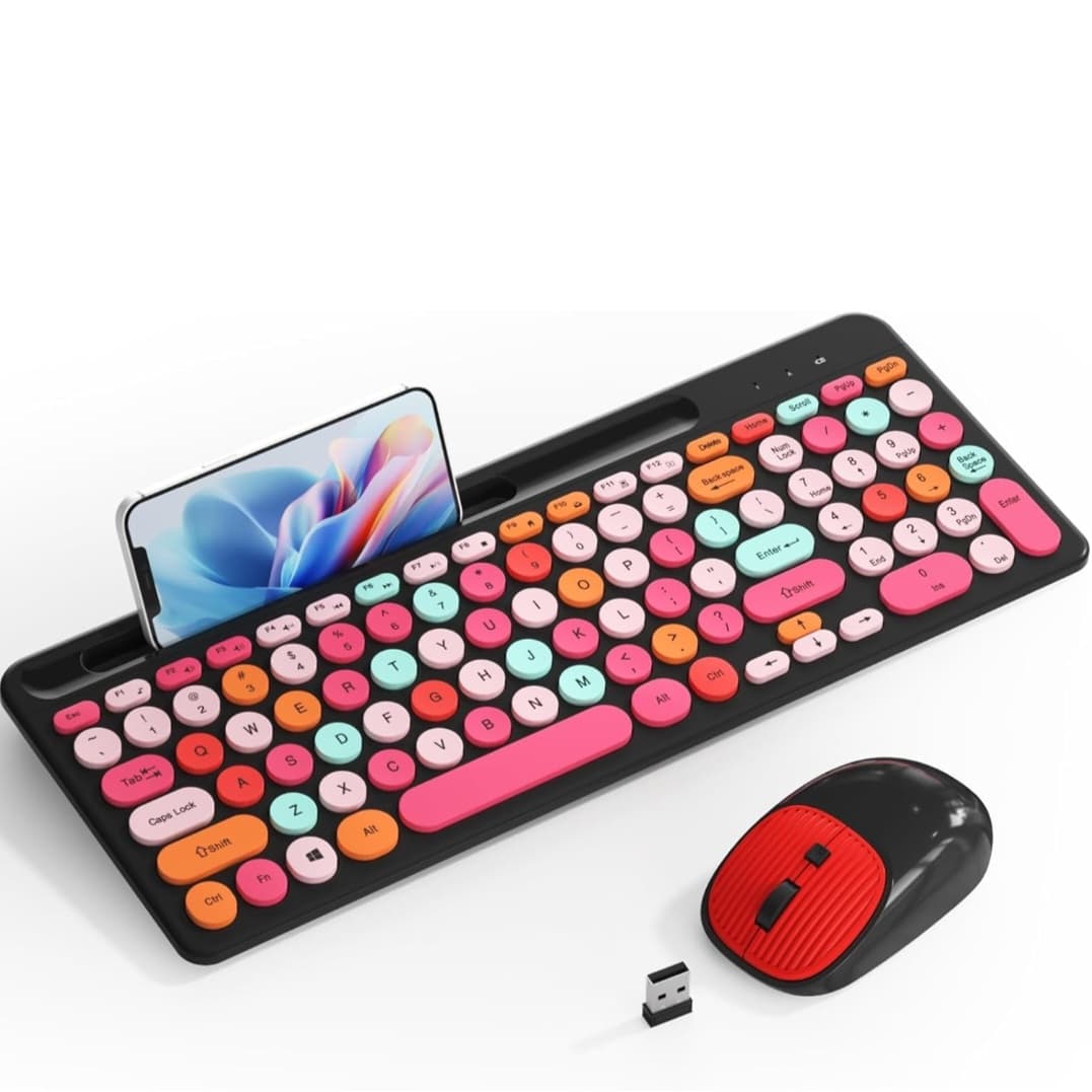 Retro Wireless Keyboard with Round Keycaps, 2.4GHz Compact USB, Wireless Keyboard and Mouse Combo