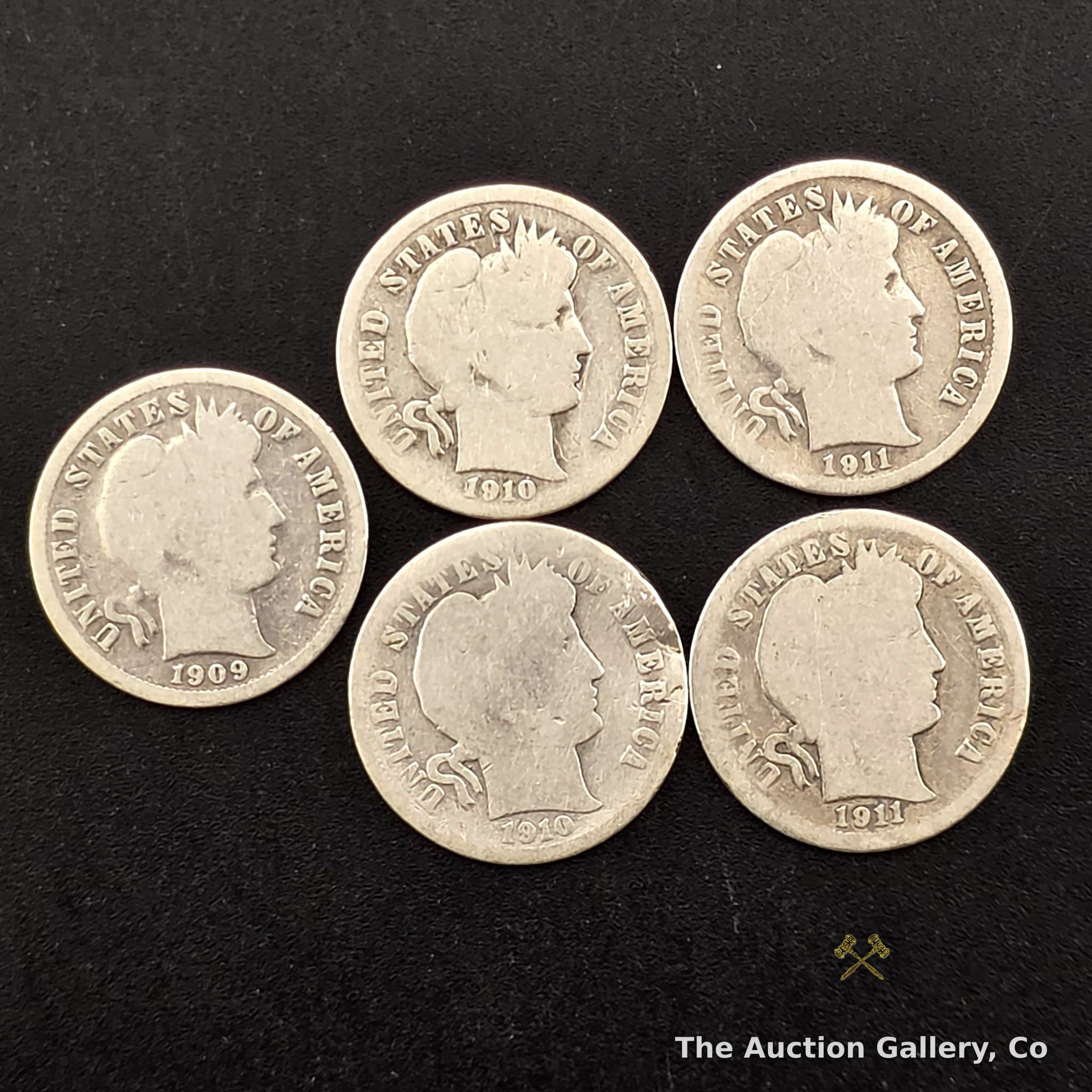 1909โ1911 Barber Silver Dimes, Set of 5