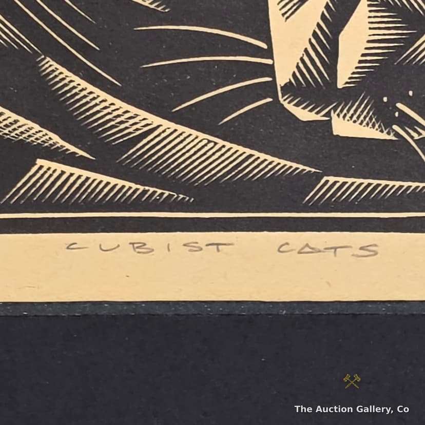"Cubist Cats" Woodcut Print, Signed EMW, 1932 Date β Forgery Attribution β photo 4