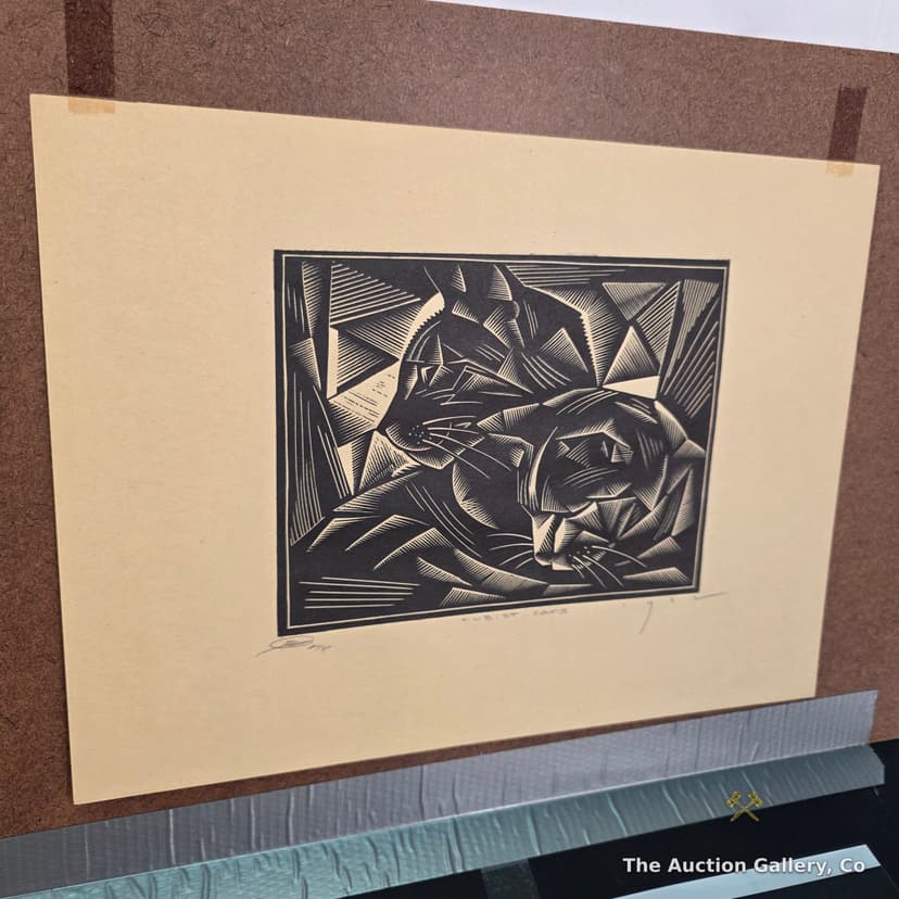 "Cubist Cats" Woodcut Print, Signed EMW, 1932 Date β Forgery Attribution β photo 7
