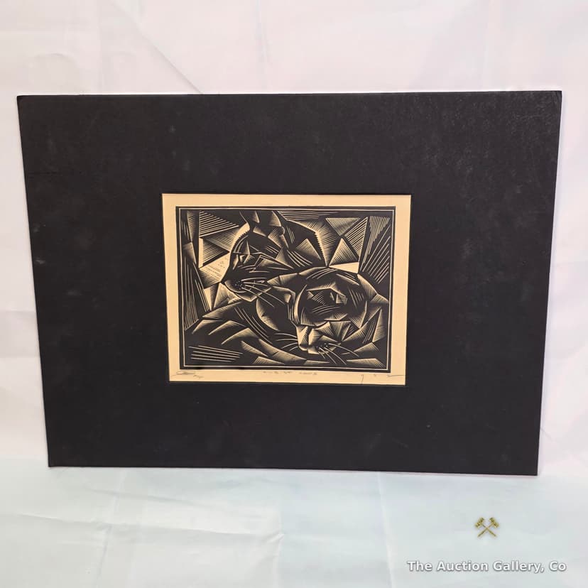 "Cubist Cats" Woodcut Print, Signed EMW, 1932 Date β Forgery Attribution β photo 2
