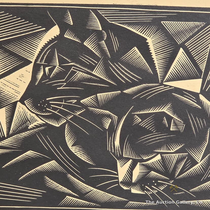"Cubist Cats" Woodcut Print, Signed EMW, 1932 Date β Forgery Attribution β photo 6