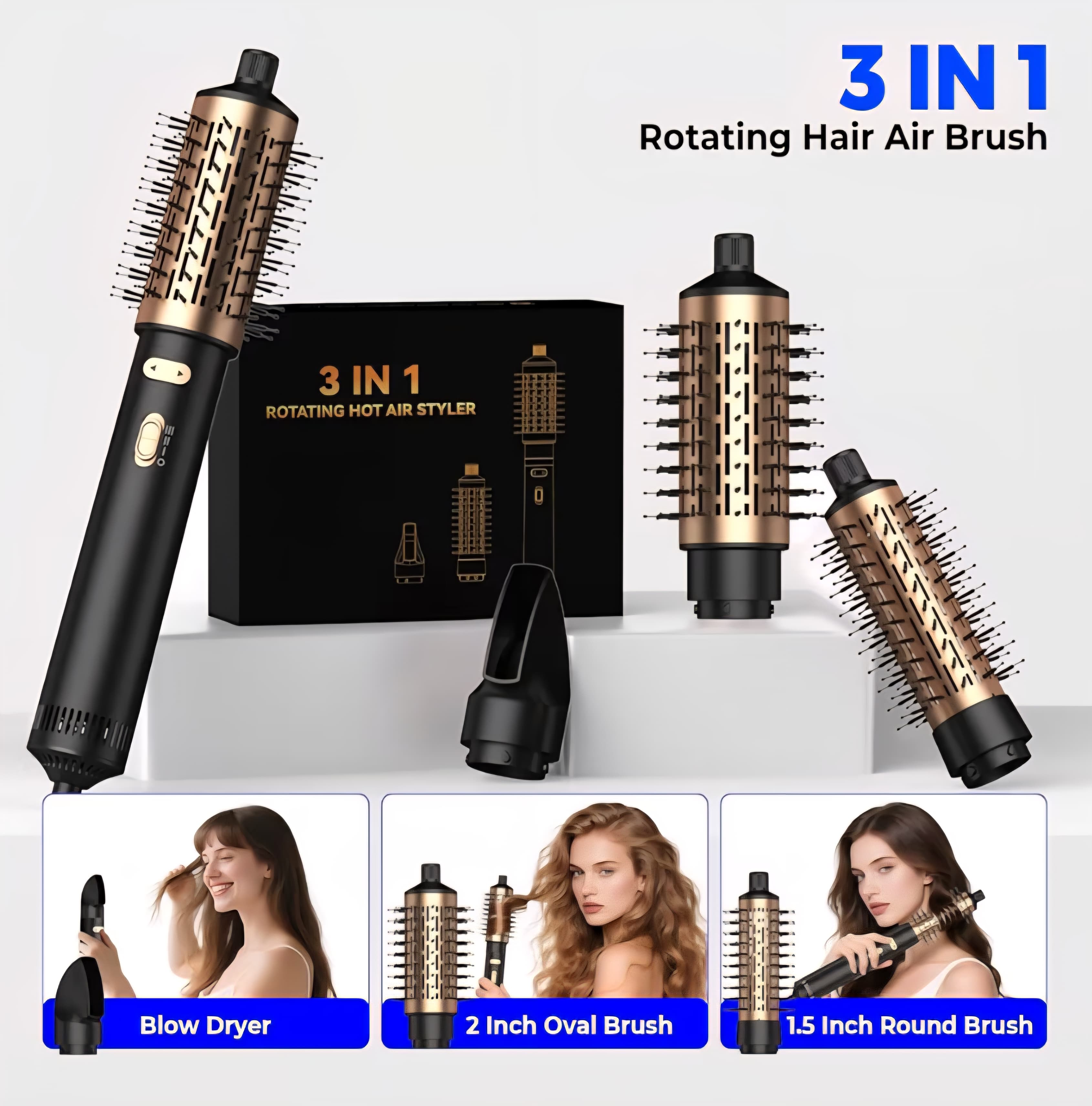 3 in 1 Rotating Hair Dryer Brush - 3 Heats and 2 Speeds with Detachable Brush (2" & 1.5")