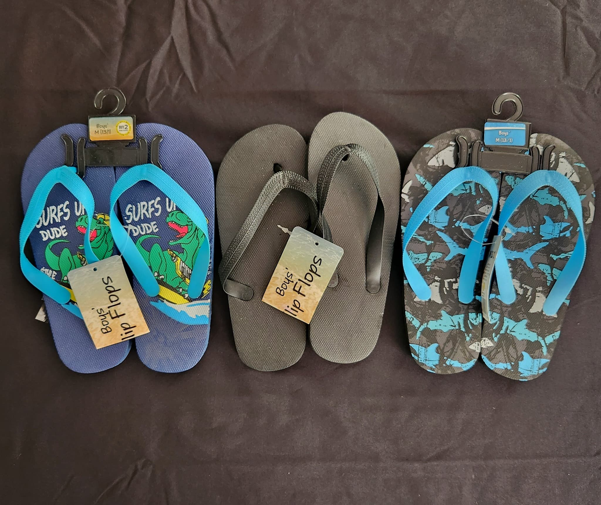 Boys' Flip Flops, 3 Pairs, Size Medium (13/1)