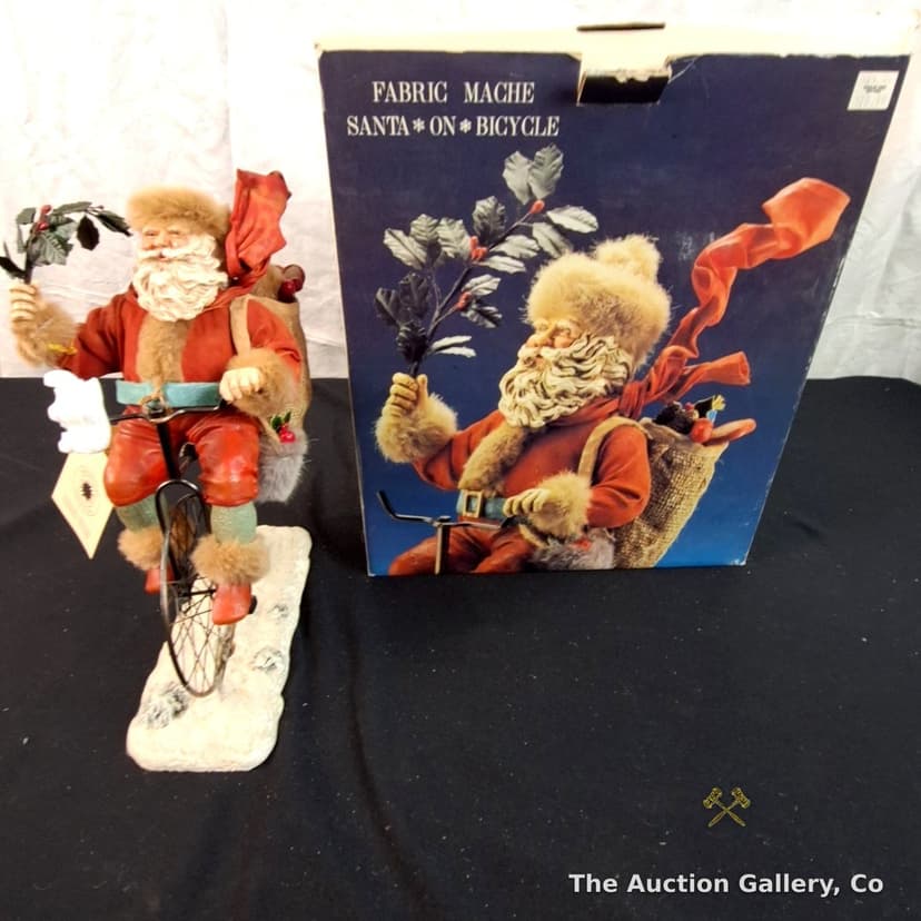 Smithsonian Fabric Mache Santa on Bicycle Figurine, Boxed
