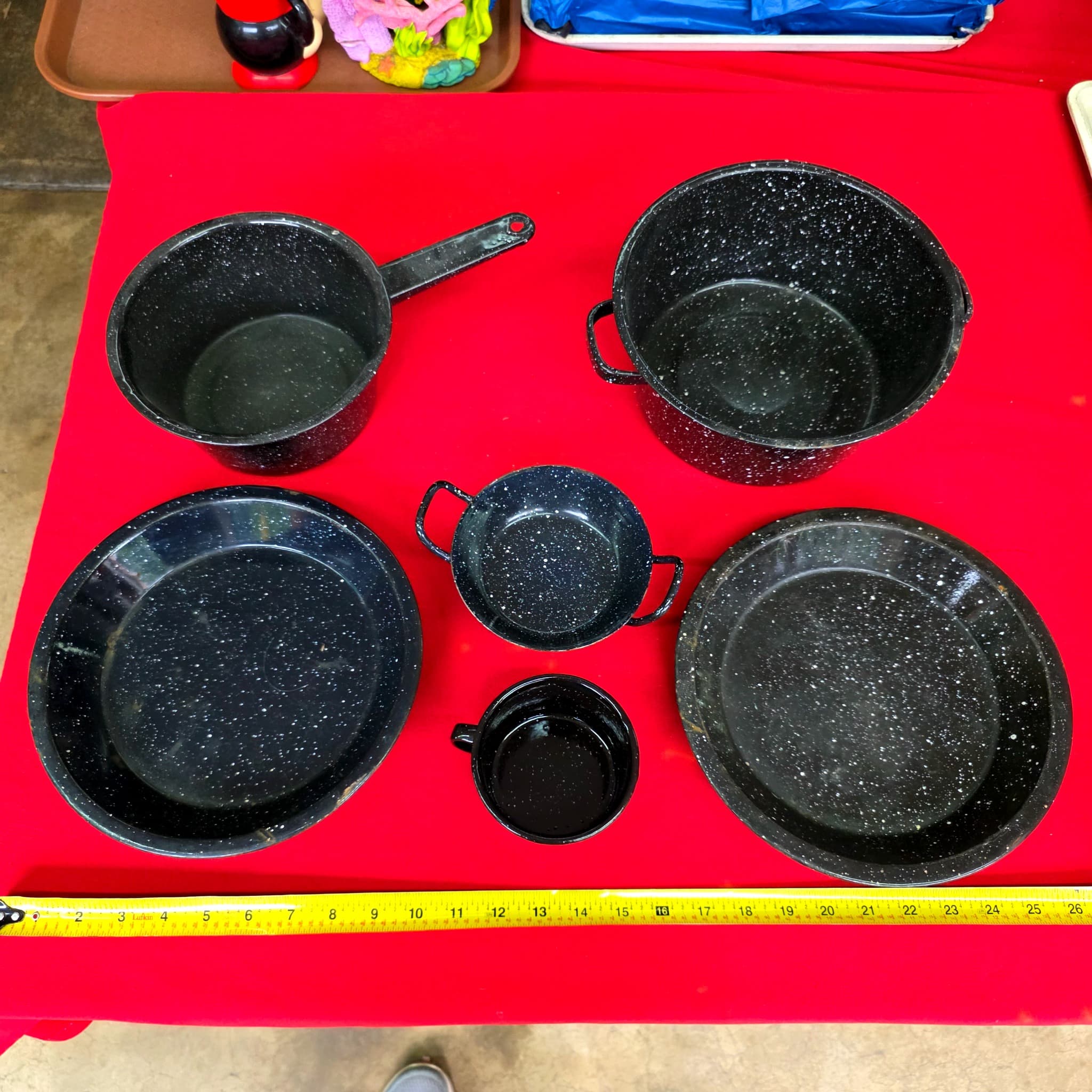 Vintage Black Speckled Enamelware Lot, 6 Pieces