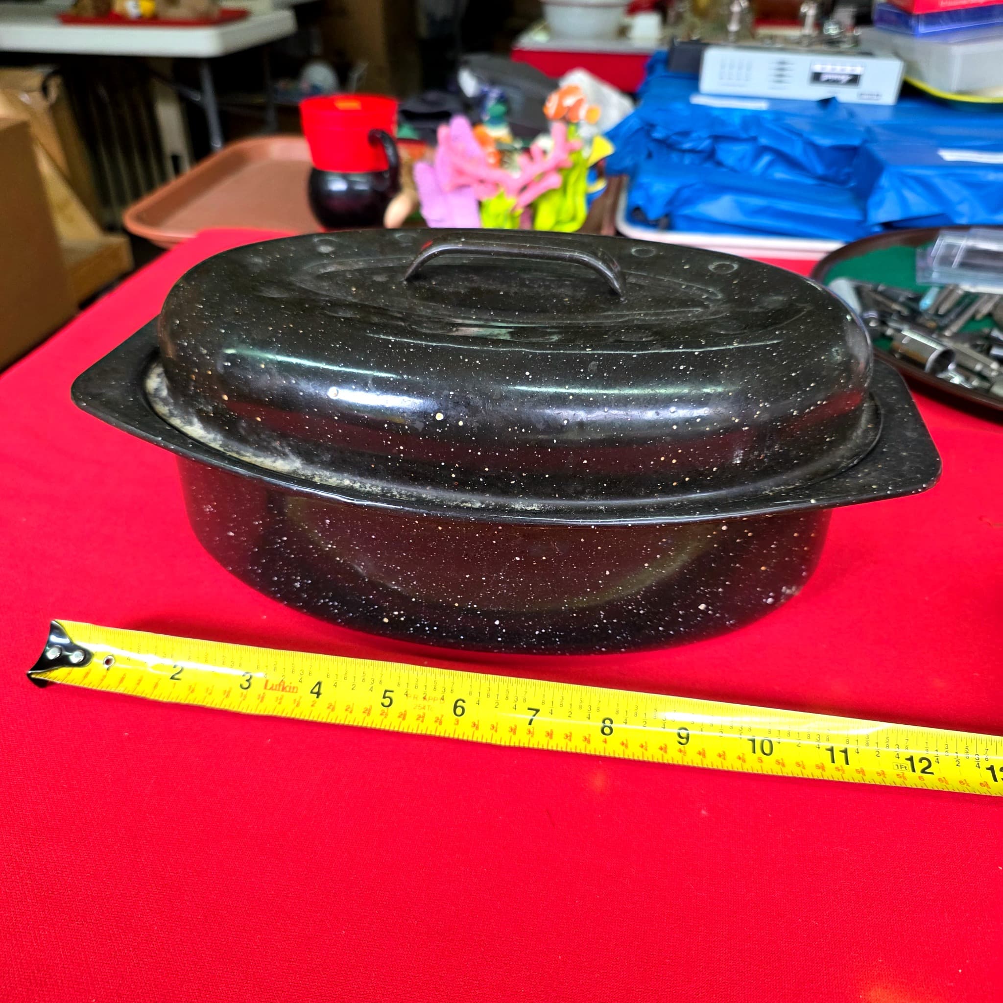 Vintage Black Speckled Enamel Roaster with Lid, 11"