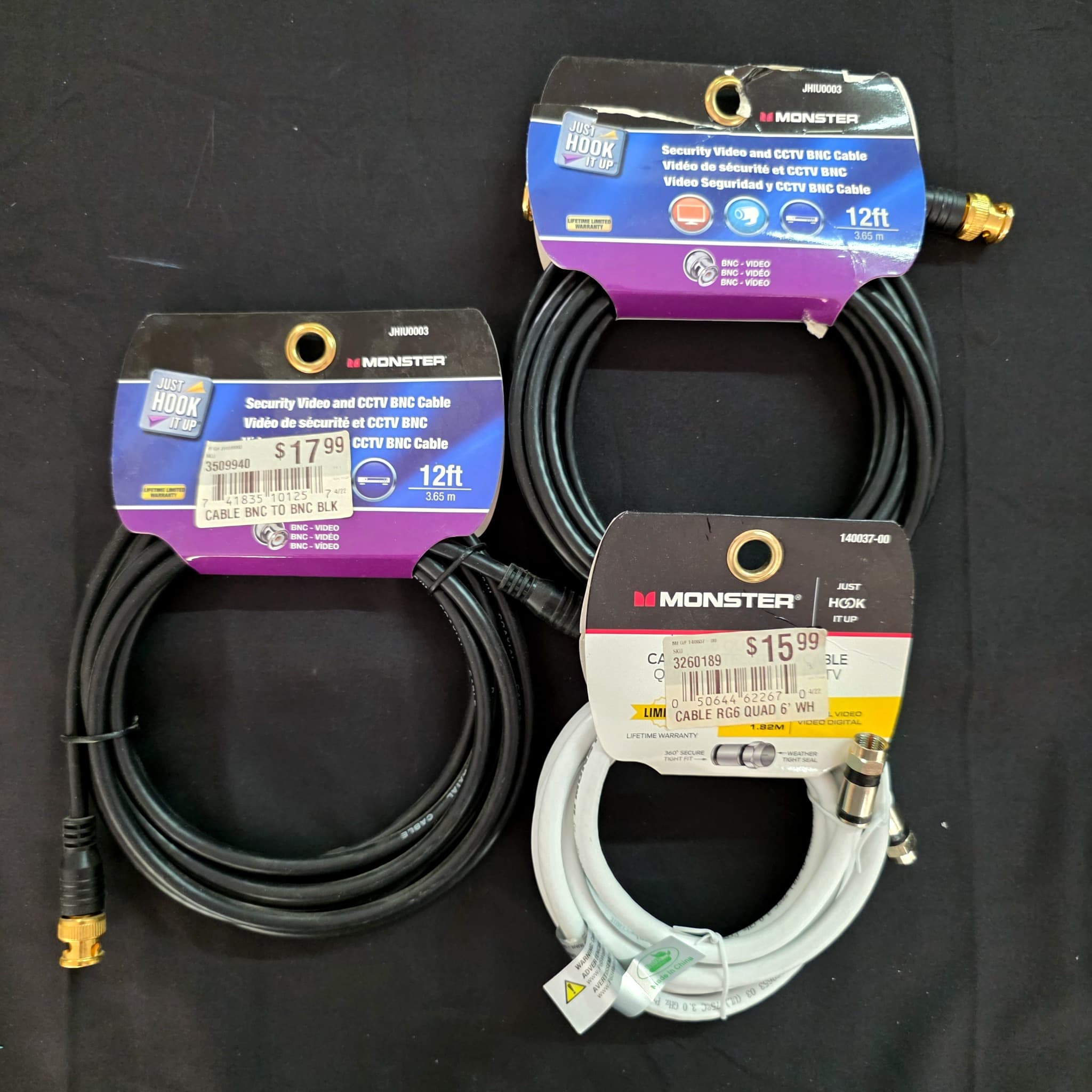 Monster Cable Lot of 3 โ BNC & RG6 Coax, New