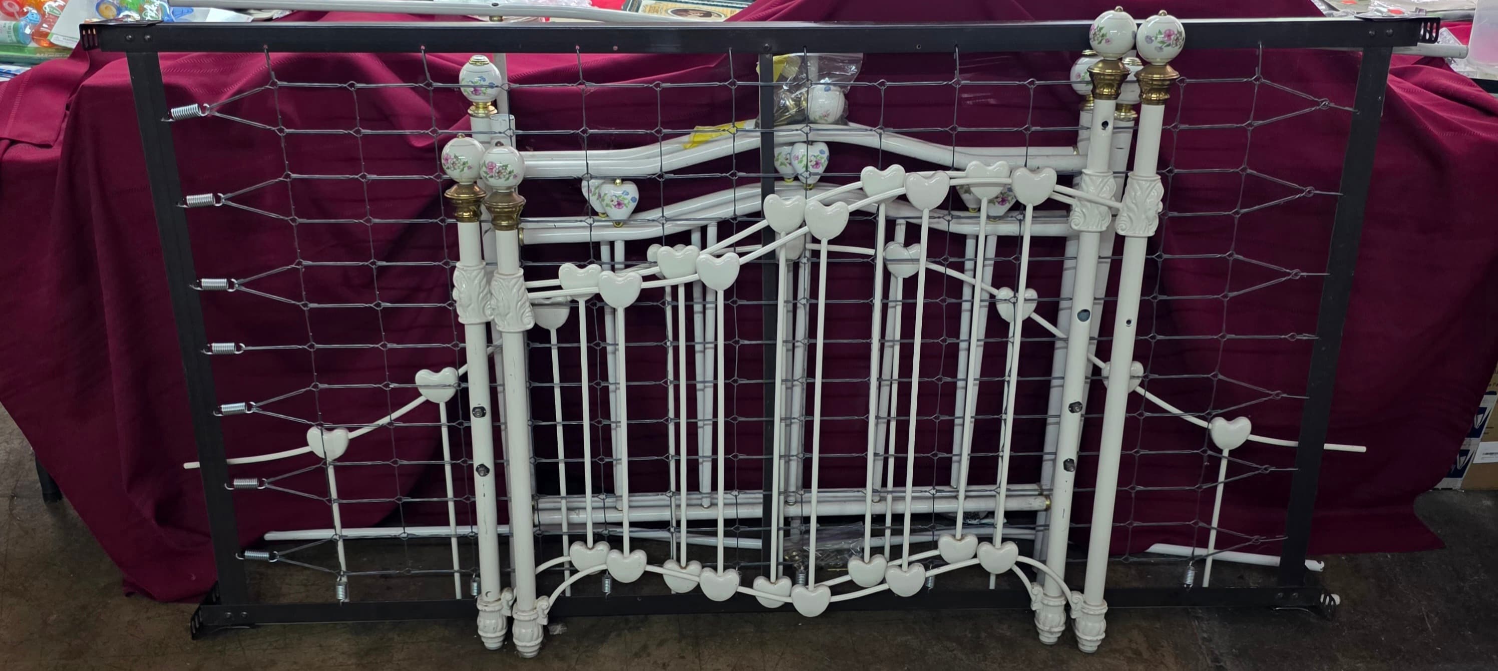 Victorian-Style Modern White Iron Bed Frame with Porcelain Floral Finials
