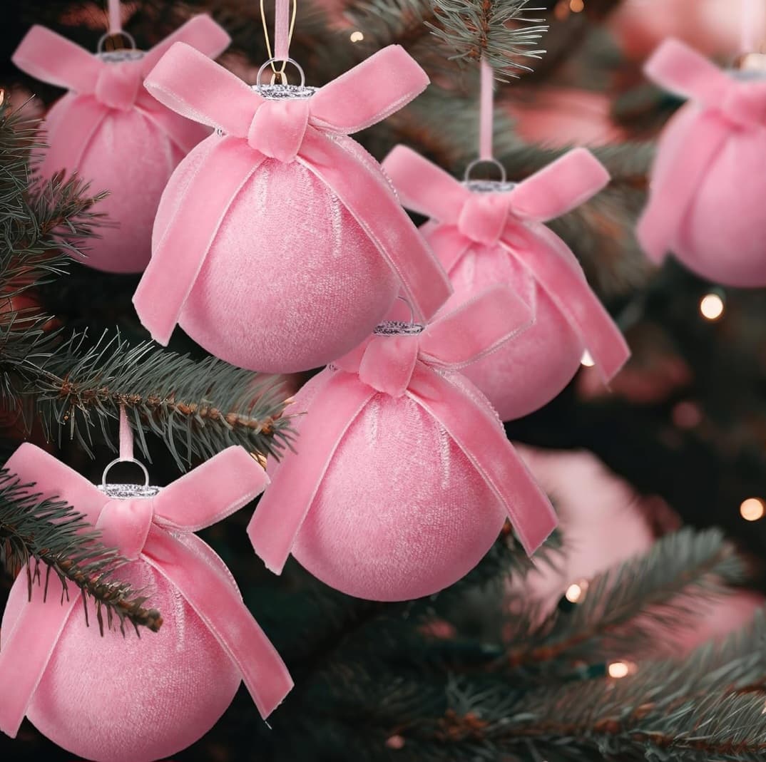 12pc Velvet Christmas Ornaments (Pink)