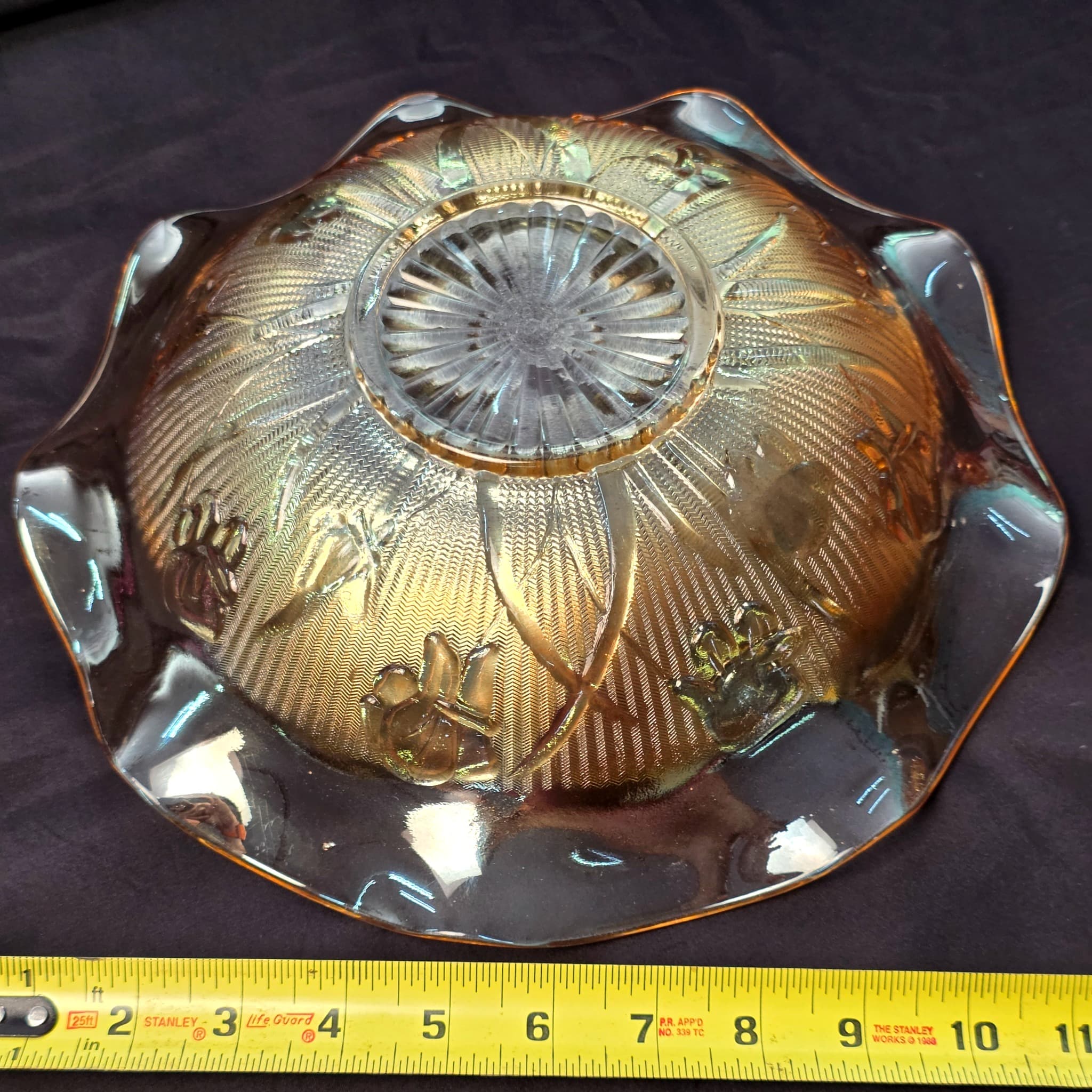 Marigold Carnival Glass Ruffled Bowl, 11.5"