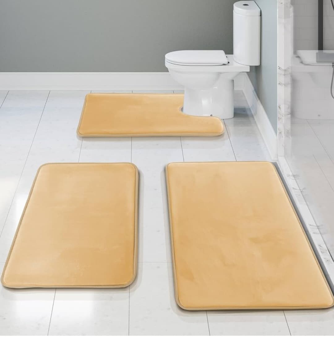 3 Piece Memory Foam Bath Mat Set - Non Slip (Cream)